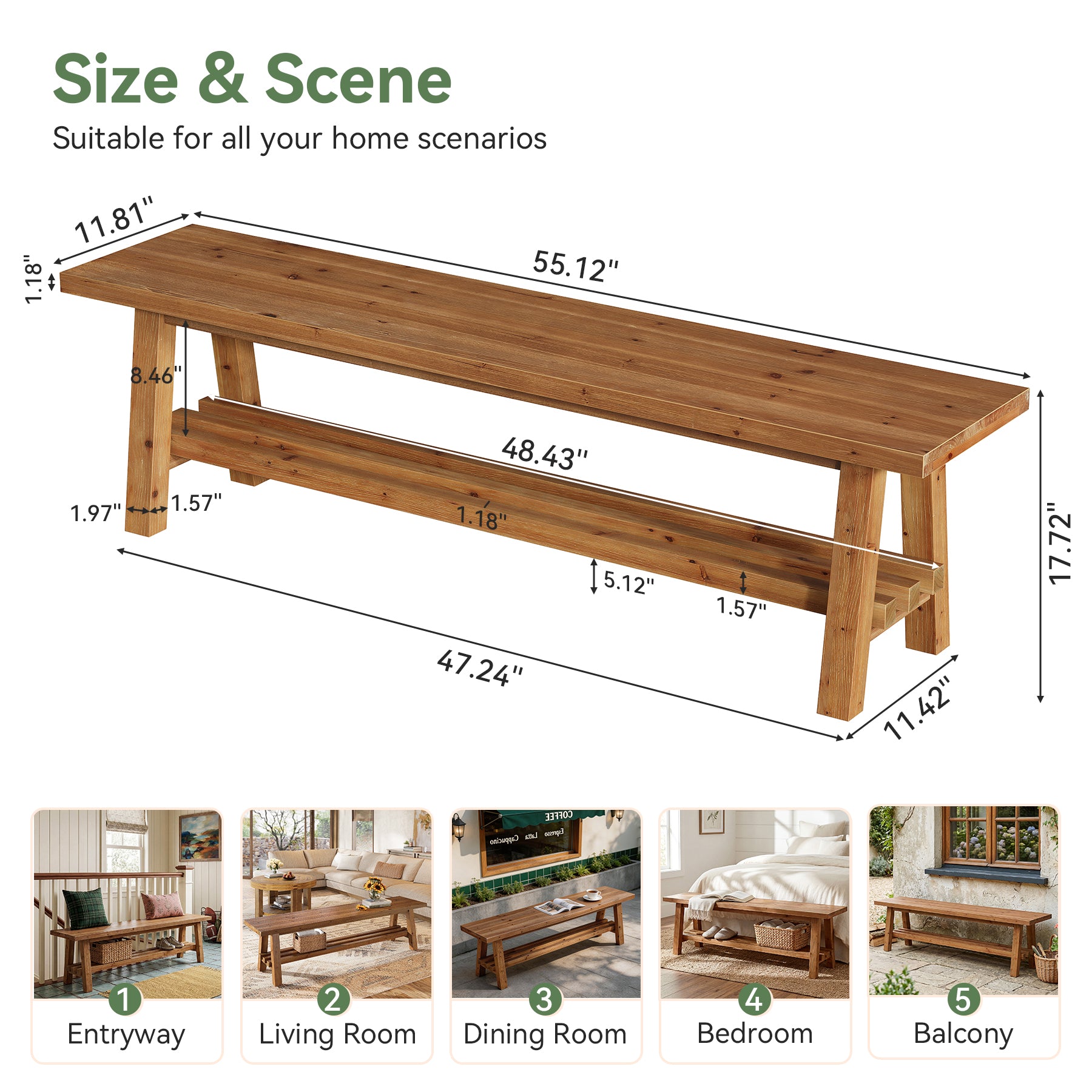 55" Solid Wood Dining Bench, 2-Tier Kitchen Dining Seat for Dining Room