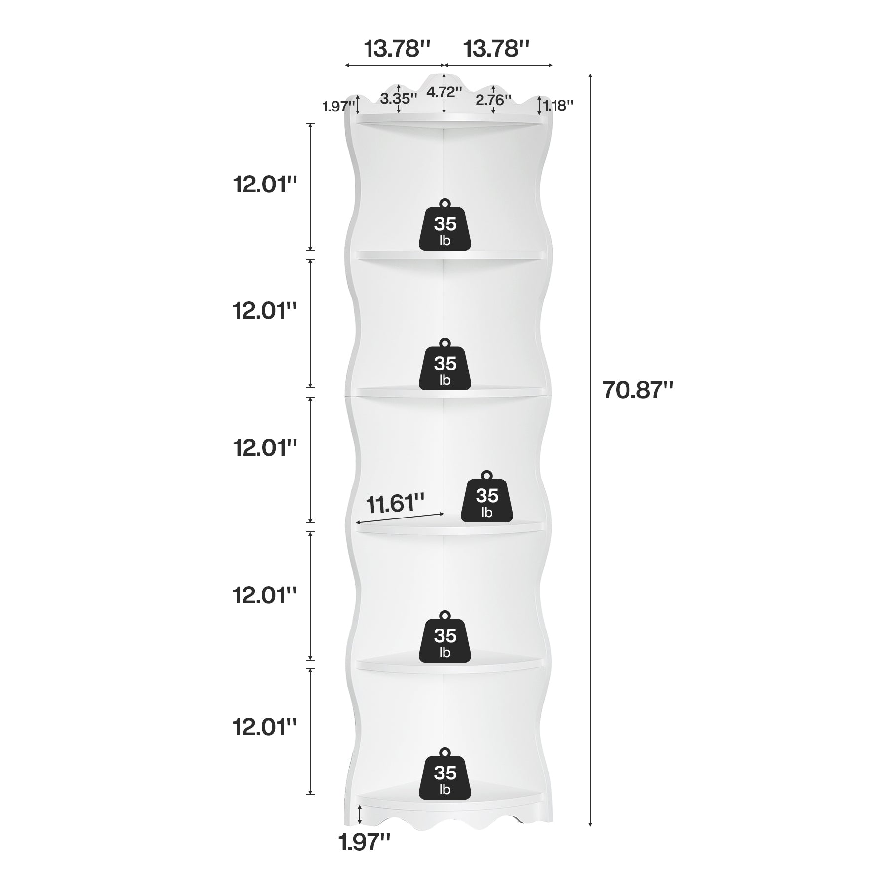 5-Tier Corner Shelf, 70.8" Corner Bookshelf Wavy Shaped Display Rack