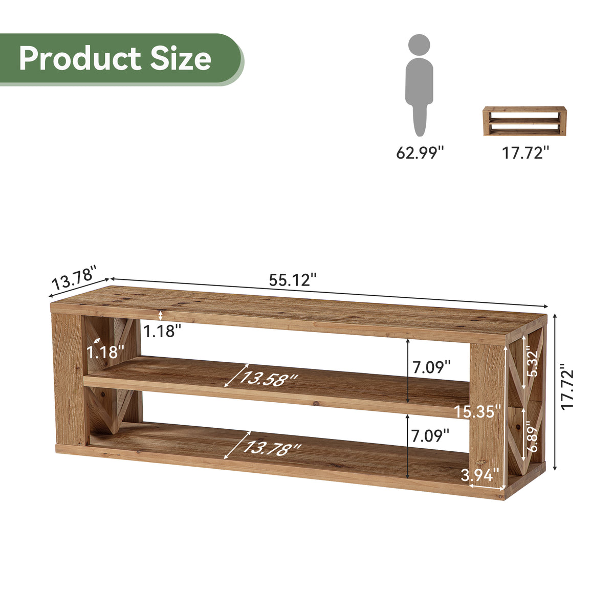 55" Solid Wood Entryway Bench, 3-Tier Storage Shoe Bench for Living Room, Hallway