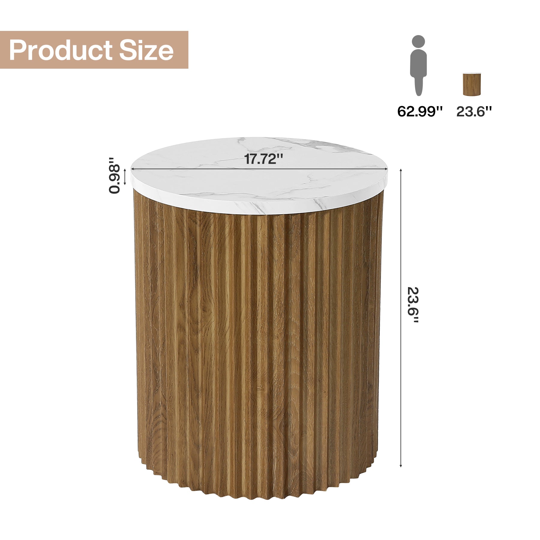 Round Nightstand, 23.6" Bedside Table with Faux Marble Tabletop & Fluted Base