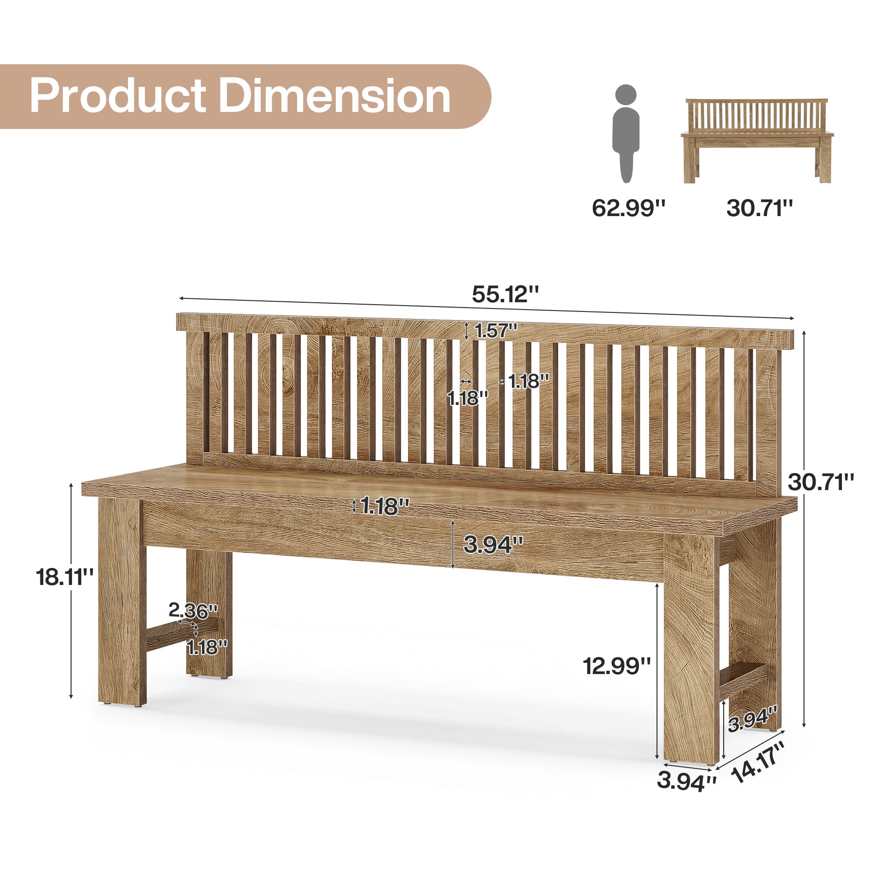 55" Farmhouse Dining Bench with Vertical Stripes Backrest for Kitchen, Dining Room