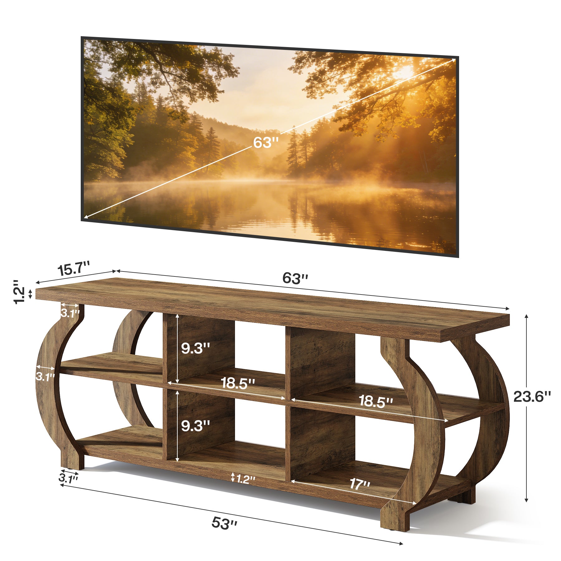 63" Farmhouse TV Stand for 55–75 Inch TVs, Wood Media Console with Open Storage Shelves for Living Room
