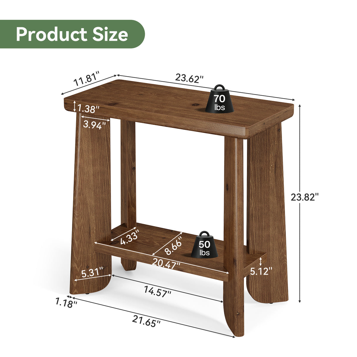 24" Rustic Farmhouse End Table, 2-Tier Narrow Solid Wood Nightstand, Living Room