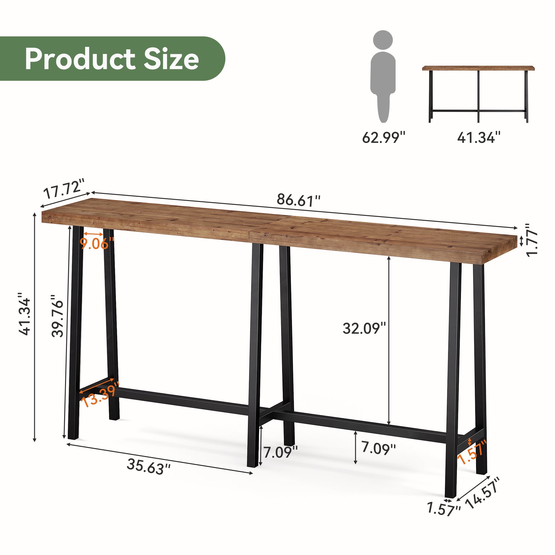 86" Extra Long Industrial Bar Table, Counter Height Solid Wood Pub Table, Narrow High Top