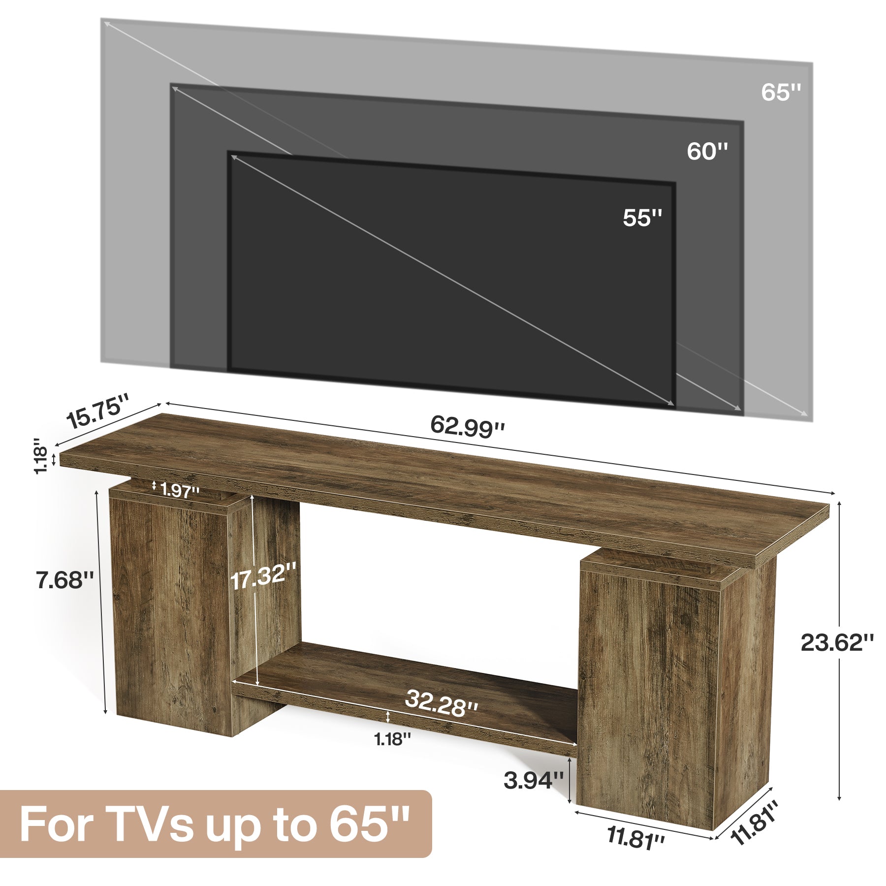 63" Farmhouse TV Stand for up to 65" TVs, Rustic Wood Media Console with Open Shelf, Heavy-Duty Entertainment Center