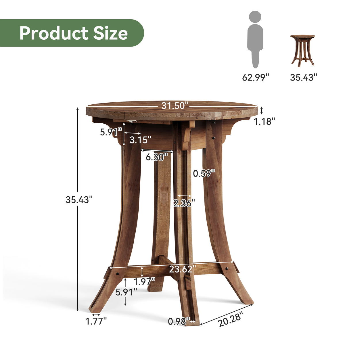 32" Round Bar Table with Footrest, Rustic Solid Wood Farmhouse Pub Table