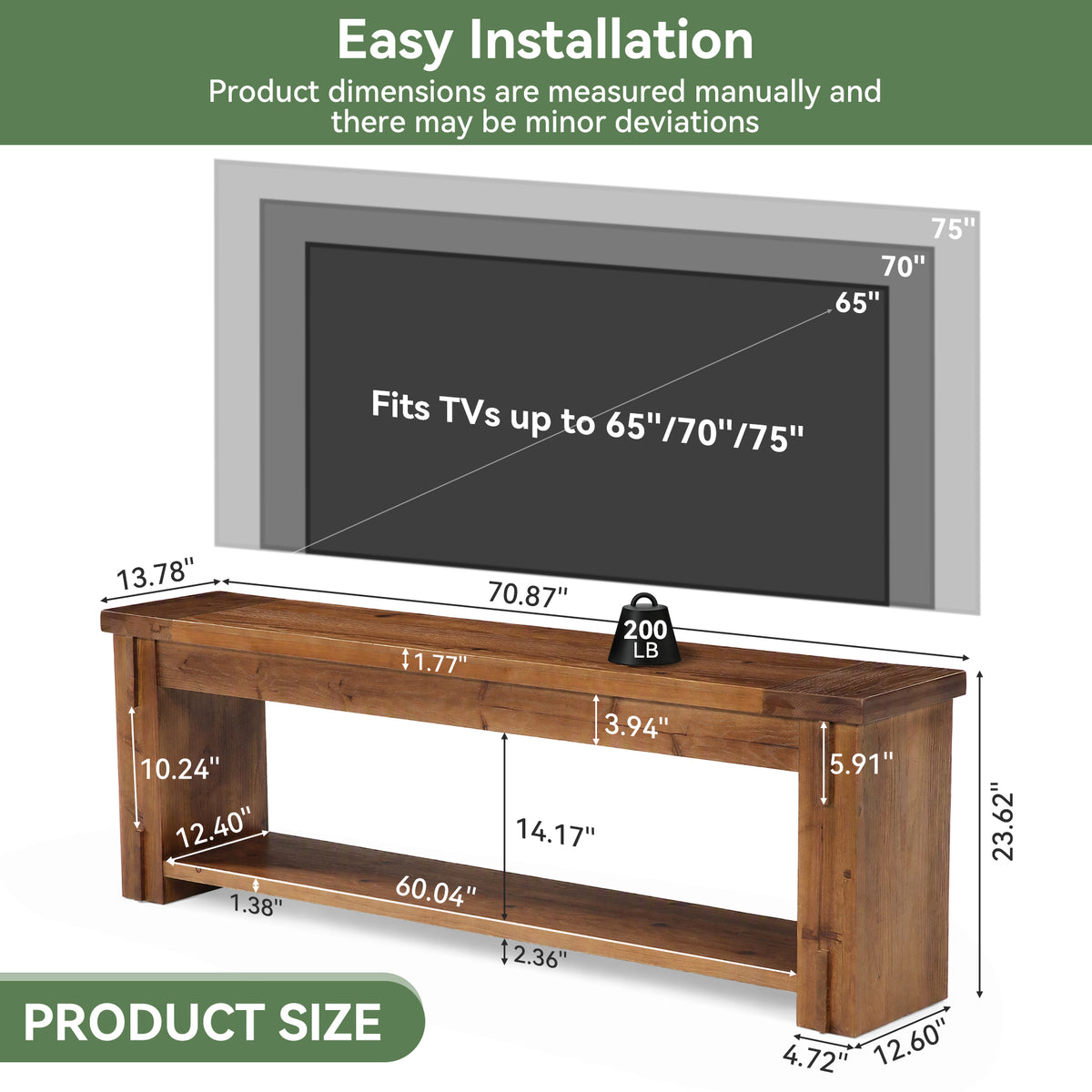 71" Farmhouse Solid Wood TV Stand for TVs Up to 75", 2-Tier Open Storage