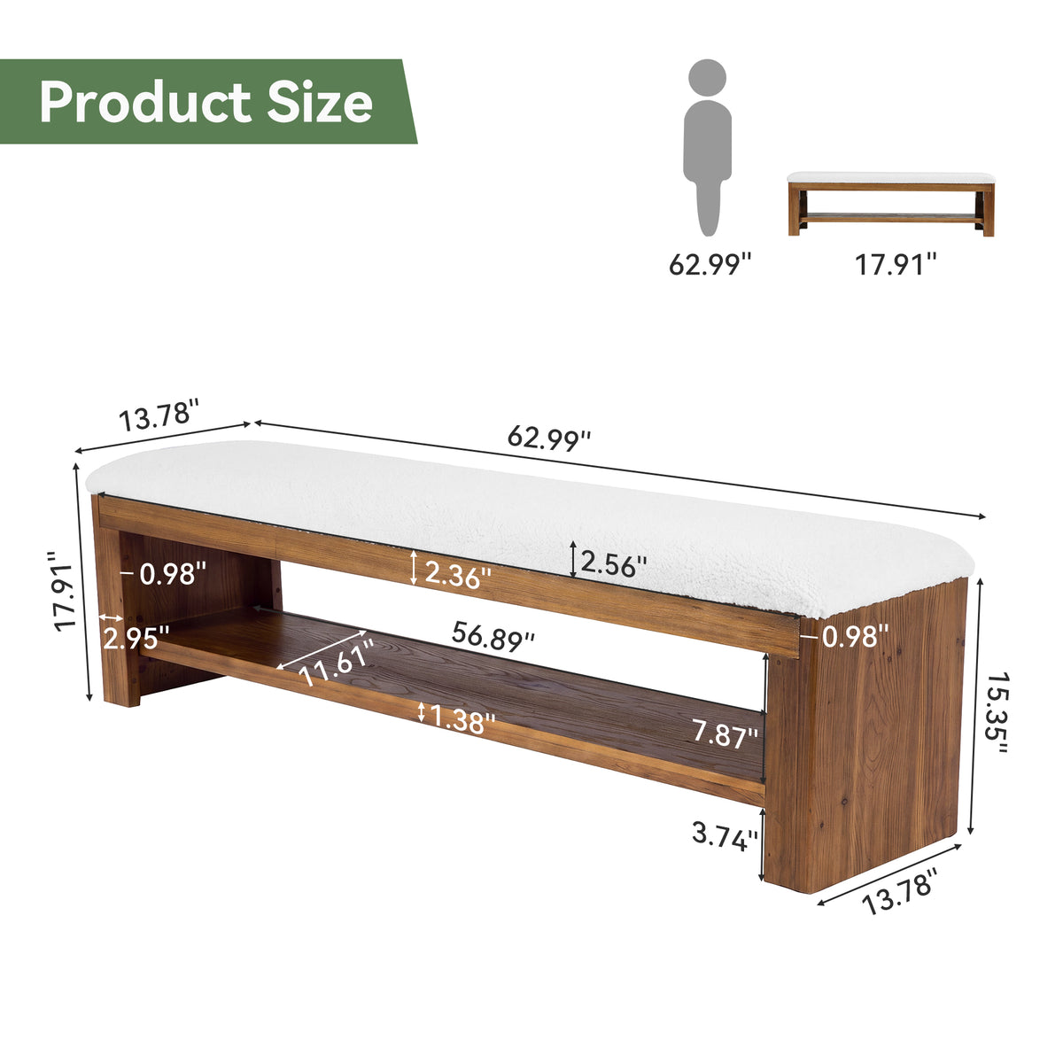 63" Solid Wood Entryway Bench with Cushion and Storage, Upholstered Shoe Bench for Hallway