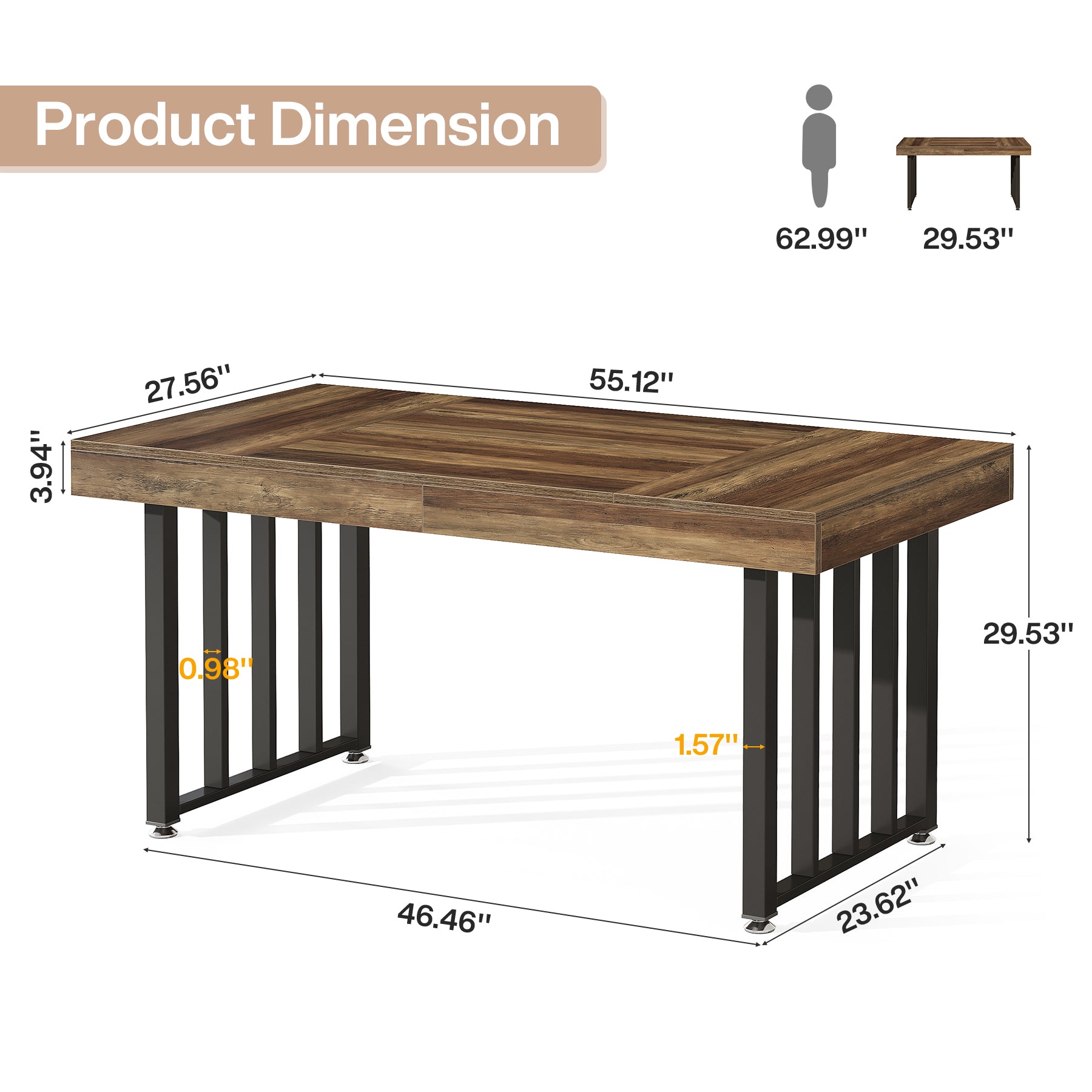 55.12" Dining Table for 4-6 People, Rectangle Kitchen Table with Metal Frame