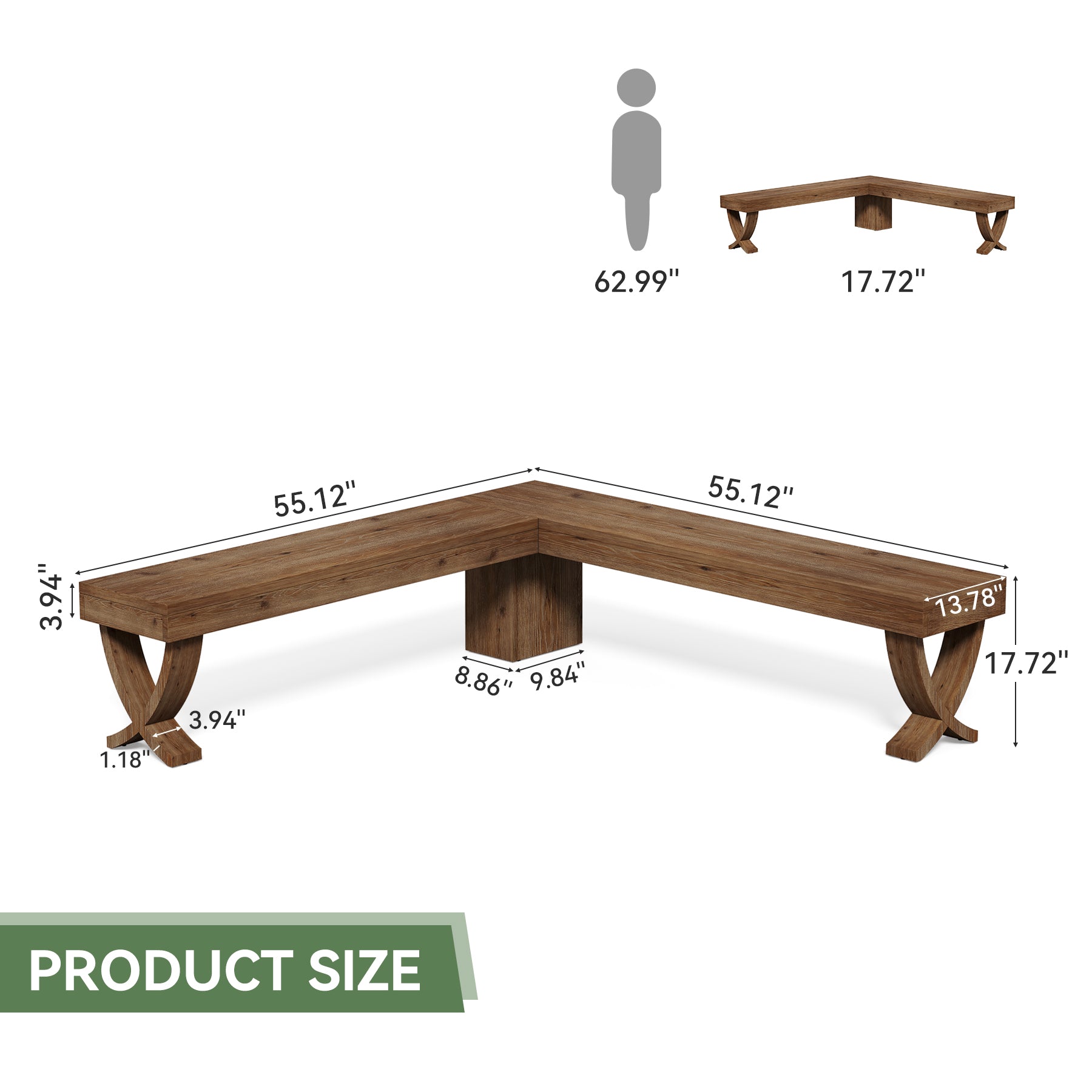 55" L-Shaped Corner Bench, Farmhouse Nook Dining Bench with X-Shaped Leg