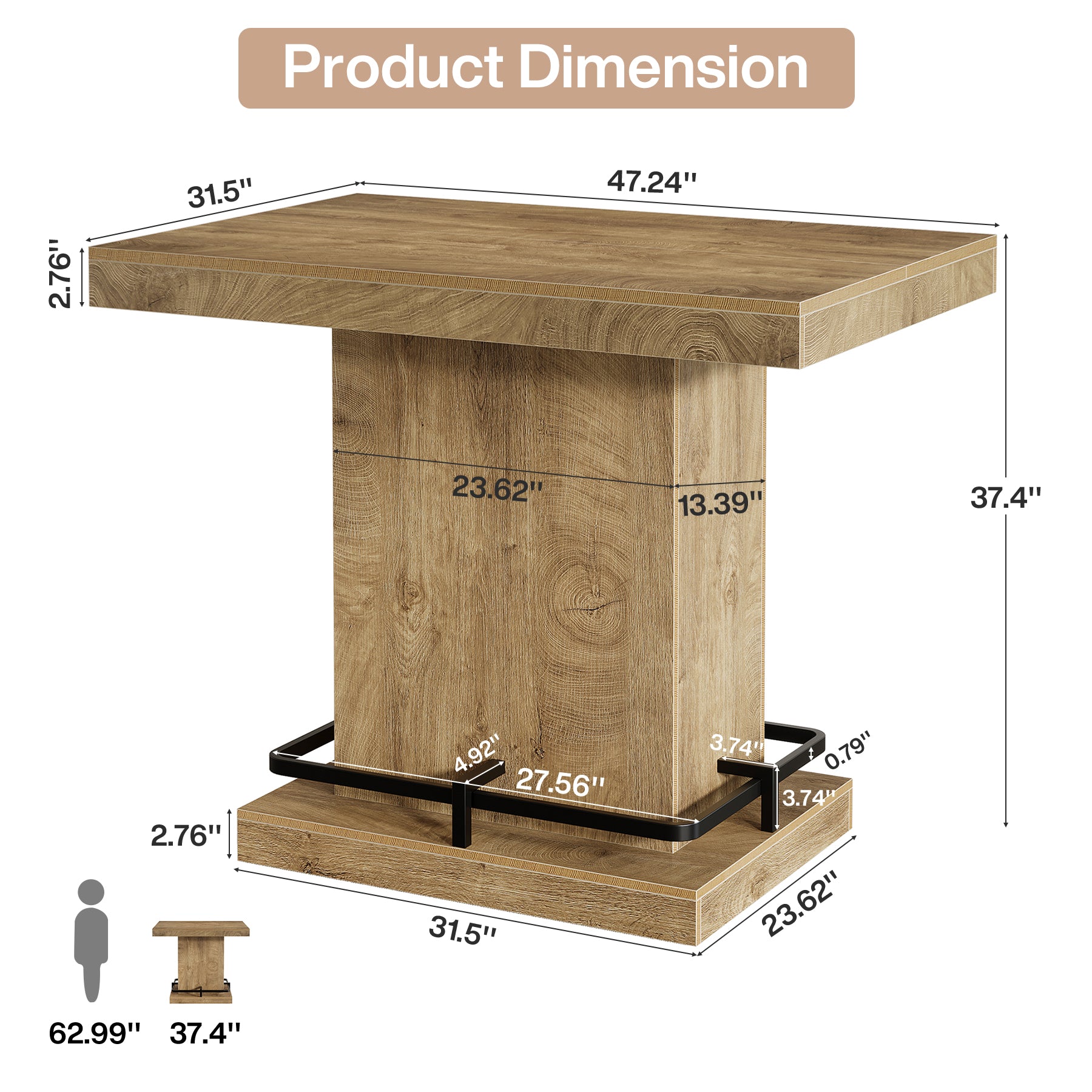47" Bar Table, Rectangular Bistro Pub Table with Metal Footrest