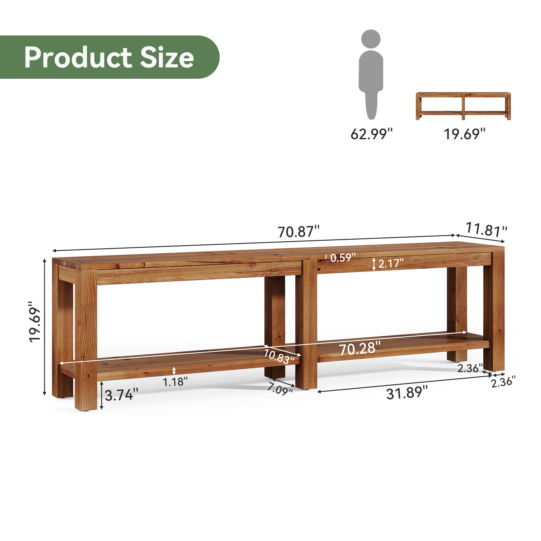 71" Farmhouse Entryway Bench with Storage Shelf, Solid Wood Shoe Bench, Hallway Mudroom