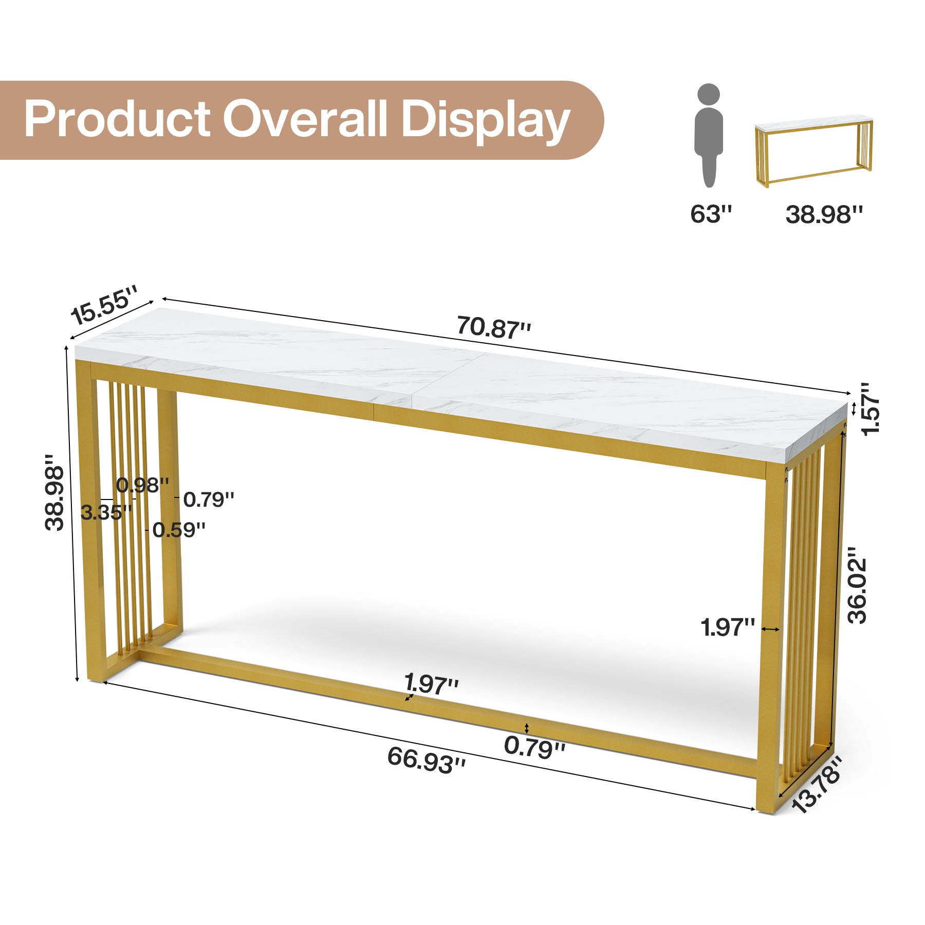 70.8" Bar Table, Counter Height Pub Table with Metal Base, Narrow Kitchen & Dining Room
