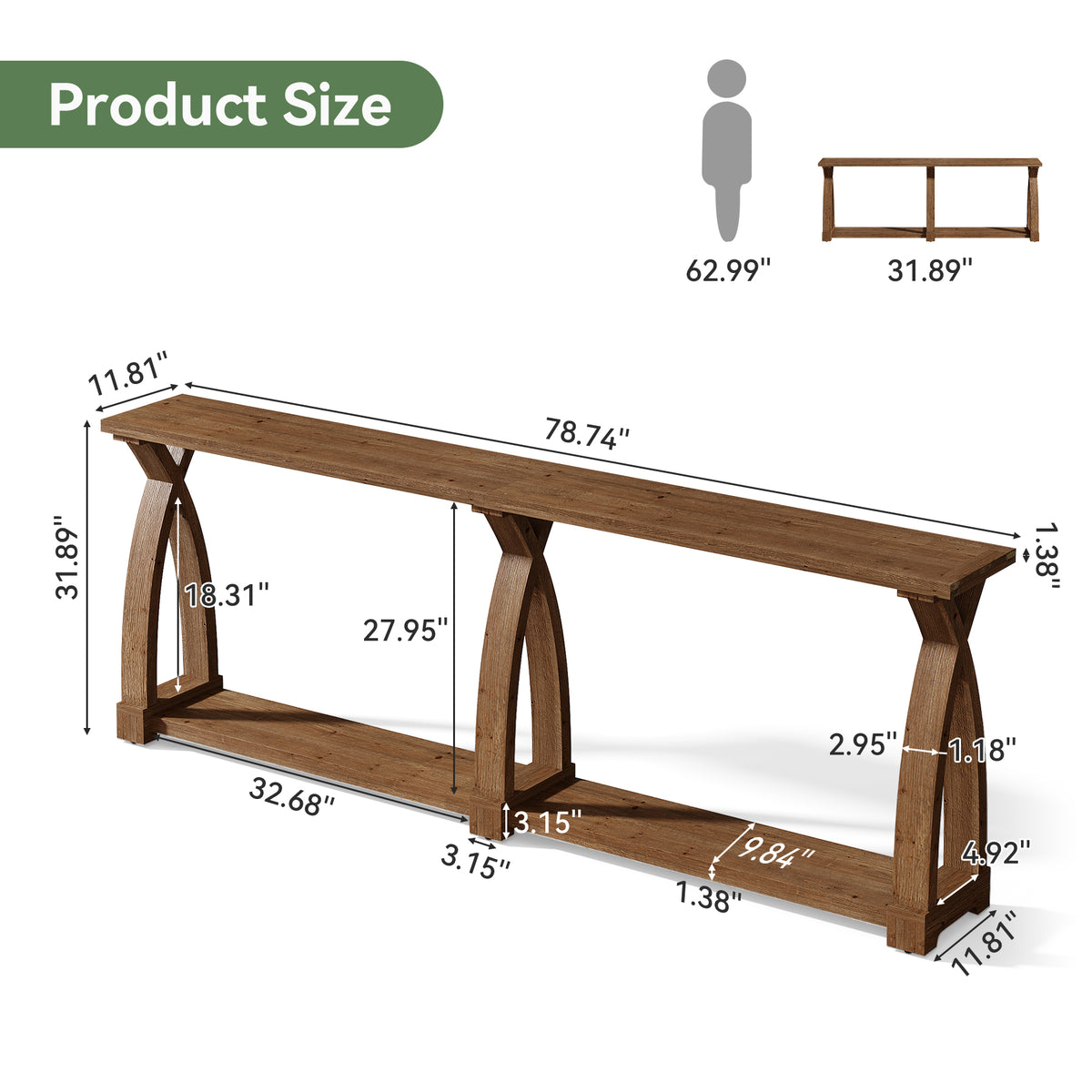 79" Solid Wood Console Table, Narrow 2-Tier Entryway Table with Shelf