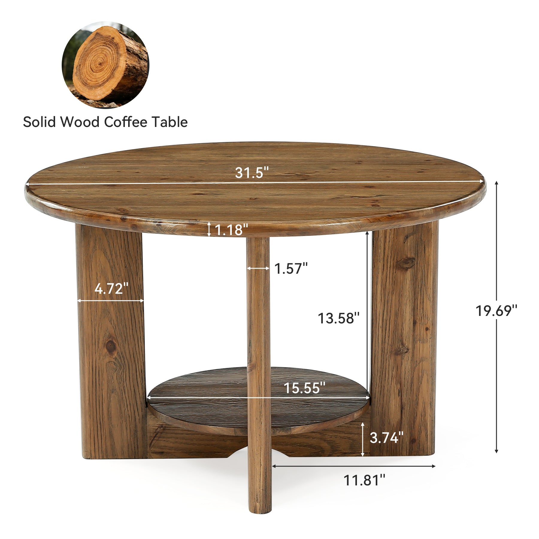 Solid Wood Round Coffee Table, 2-Tier Accent Center Table with Storage