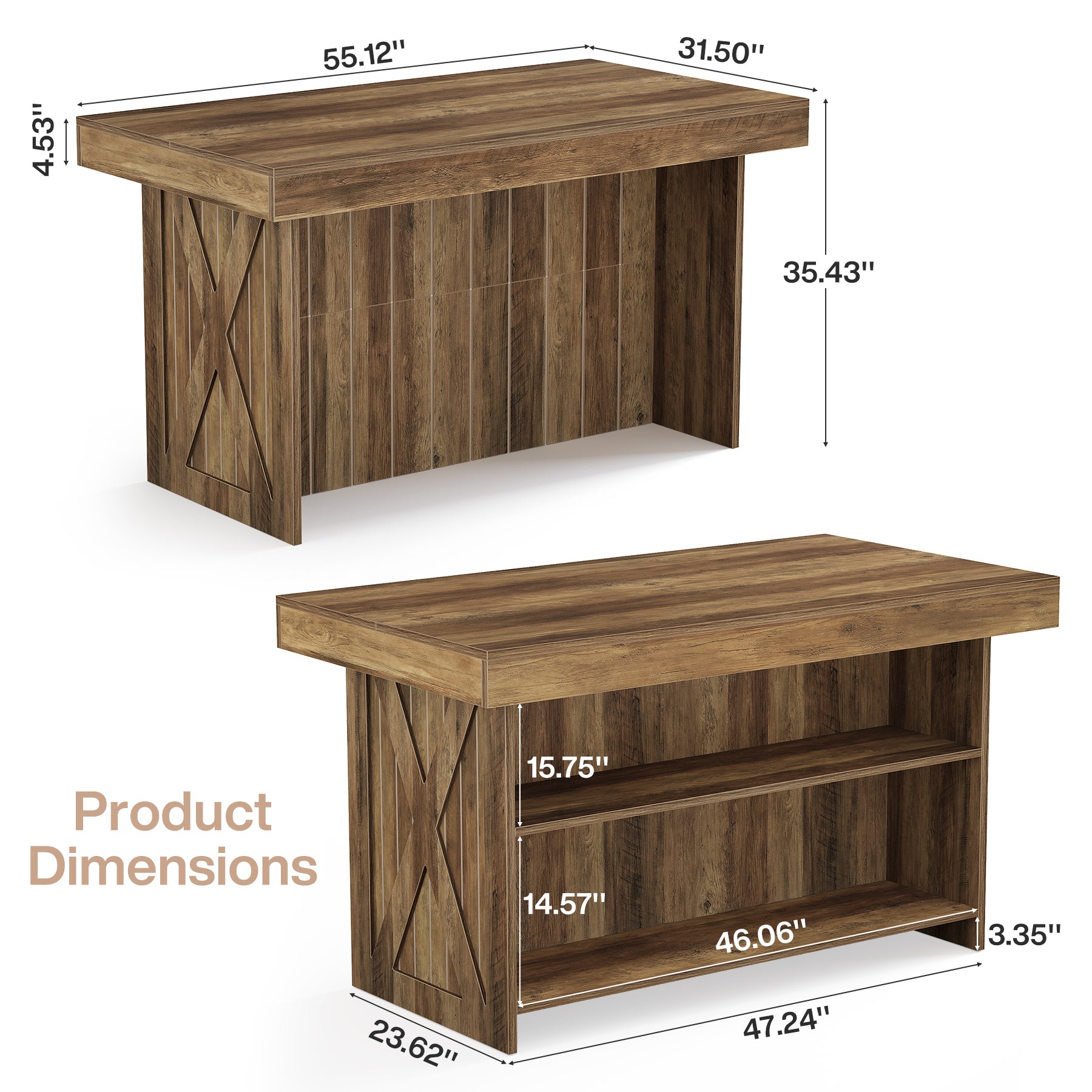 55" Kitchen Island with Storage Shelves, Farmhouse Island Table for Dining Room