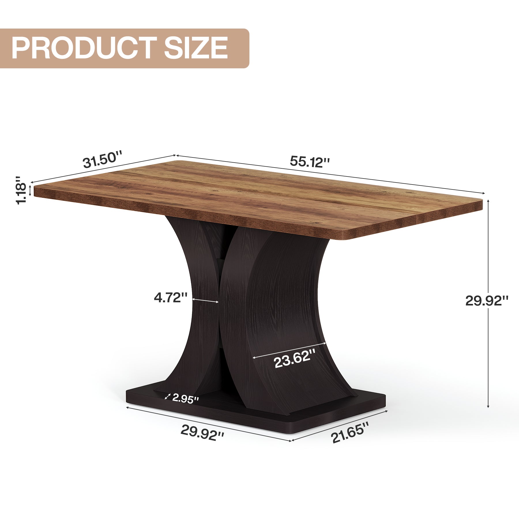 55-Inch Dining Table for 4-6, Farmhouse Wooden Table with Pedestal Base for Kitchen Dining Room