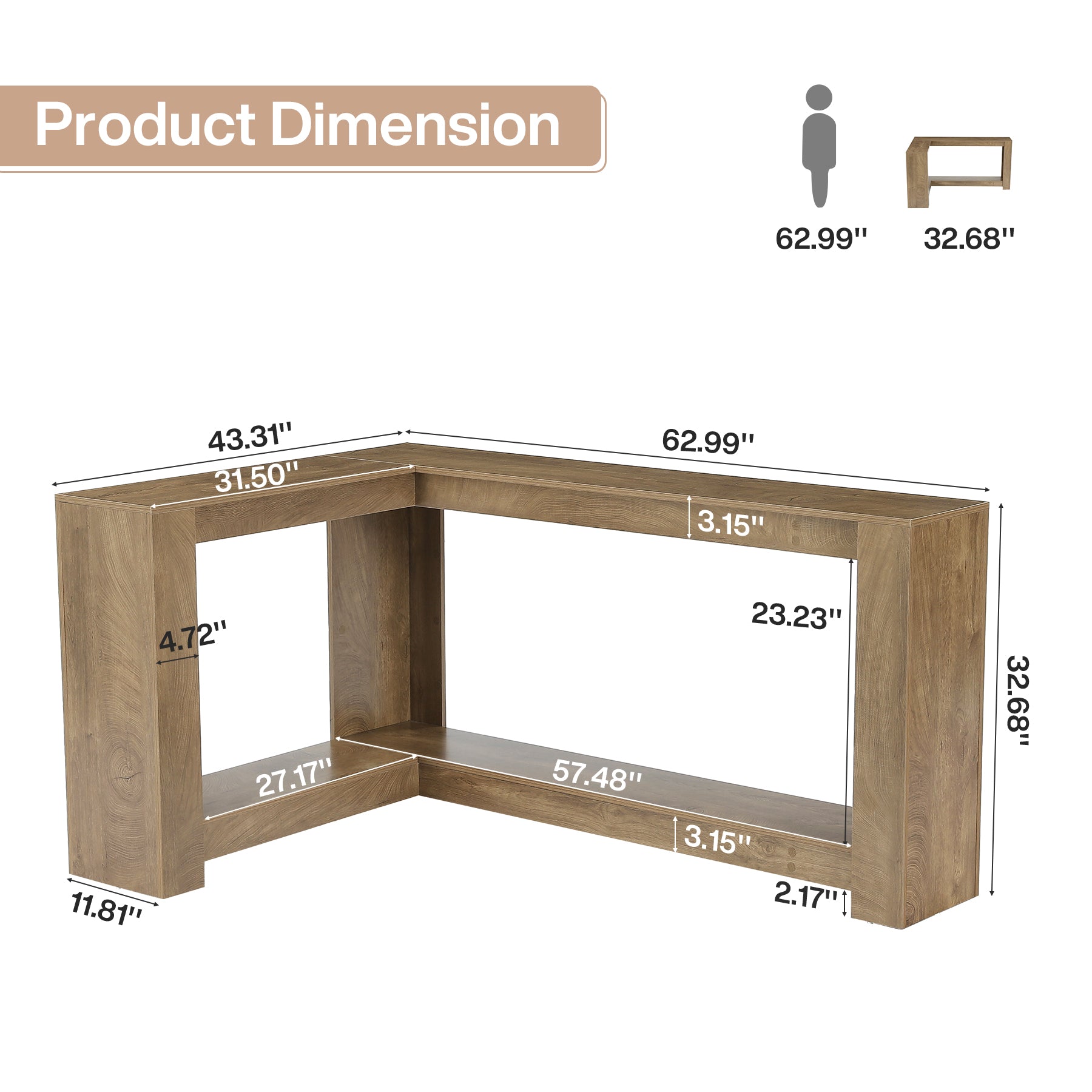 63" L-Shaped Sofa Table for Behind Couch, 2-Tier Storage Shelf for Living Room or Entryway Corner