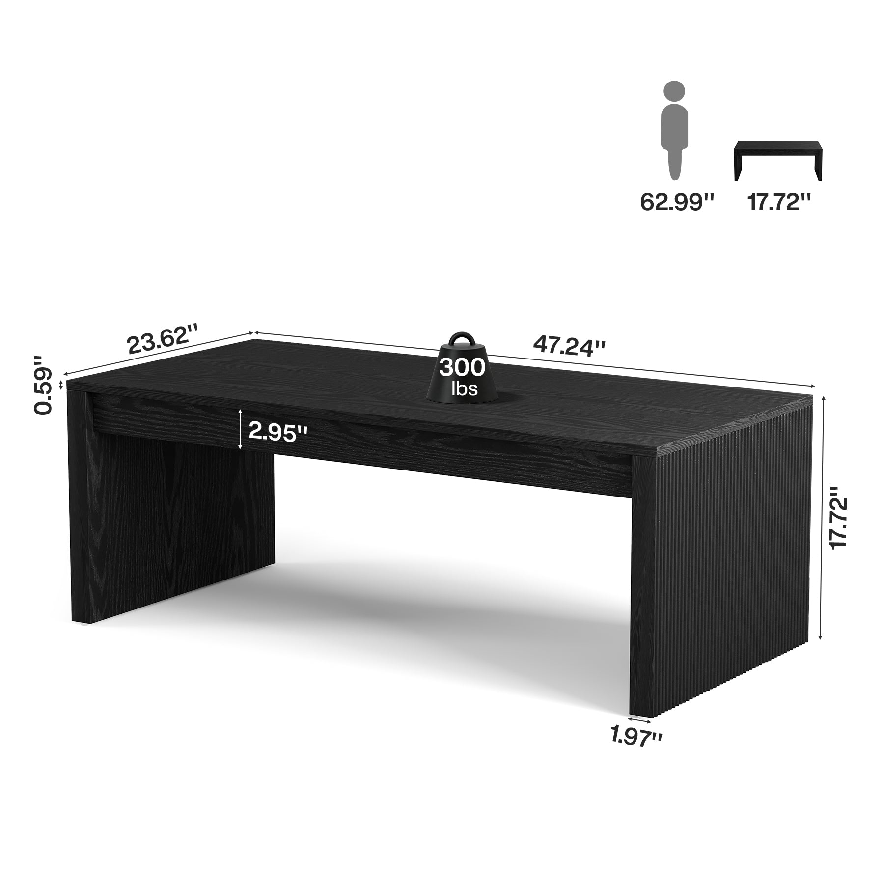 47" Black Rectangle Coffee Table with Fluted Panel Base