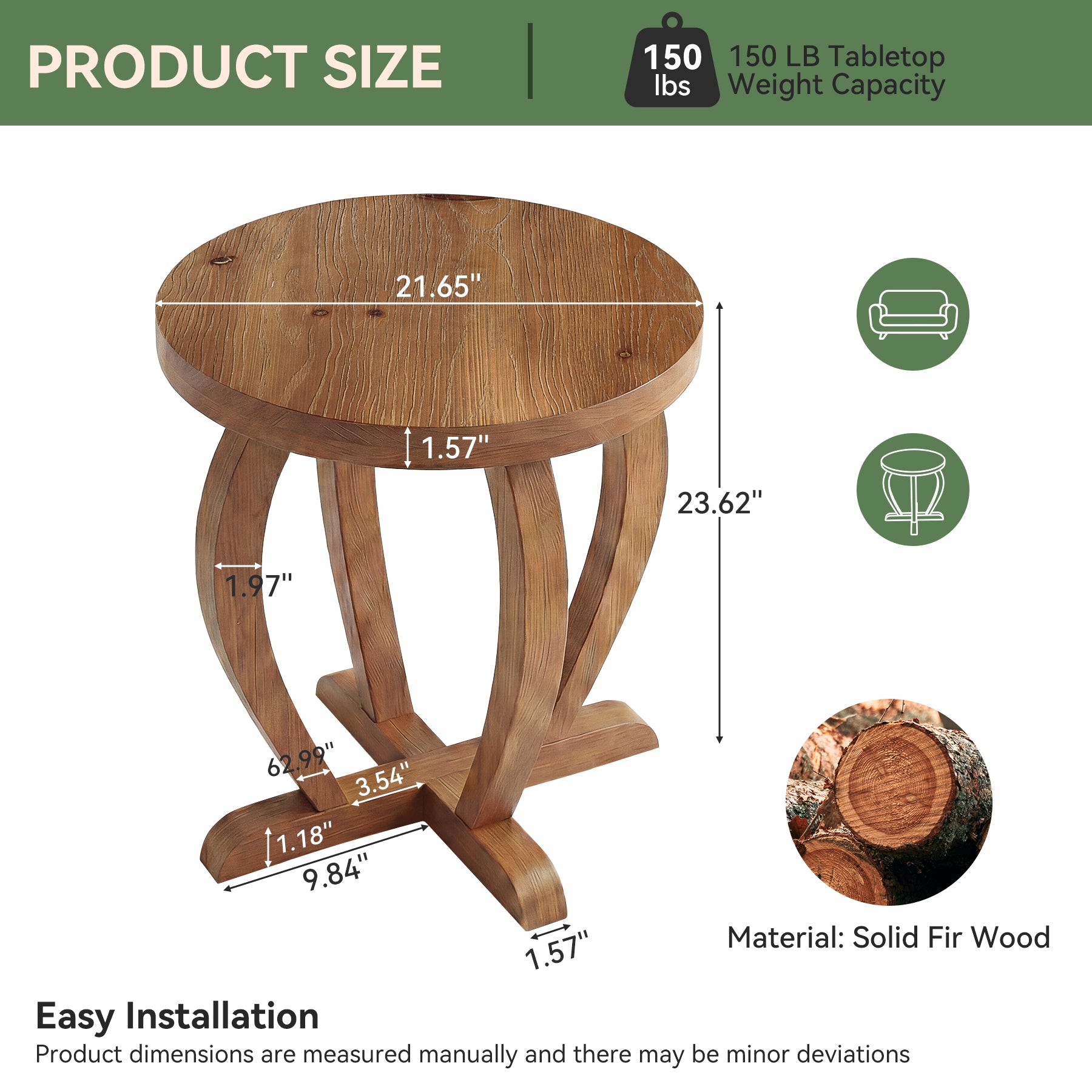 Solid Wood Round End Table, Accent Side Table with Curved Base for Living Room