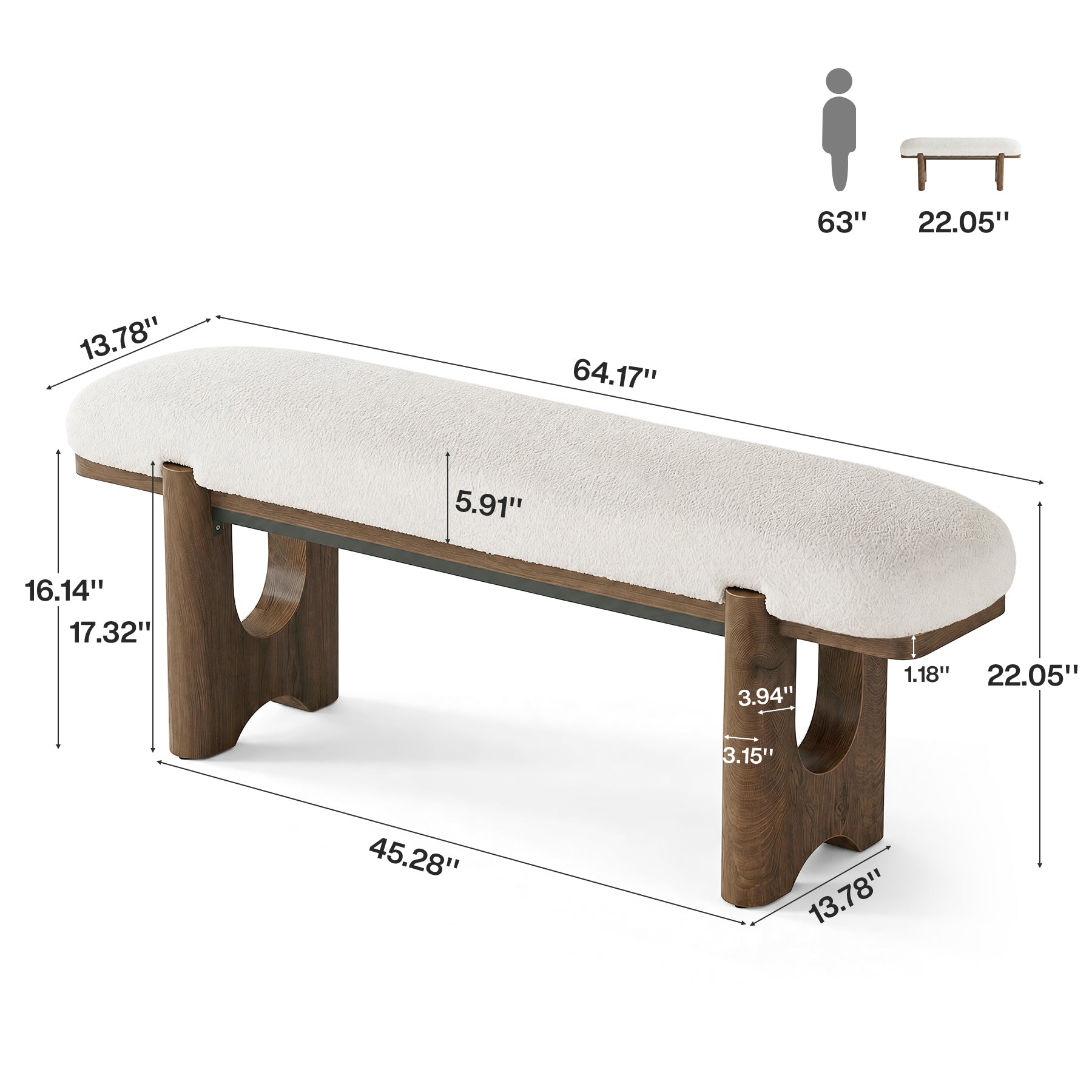 63" Upholstered Entryway Bench with Faux Shearling Cushion, Modern Farmhouse Shoe Bench