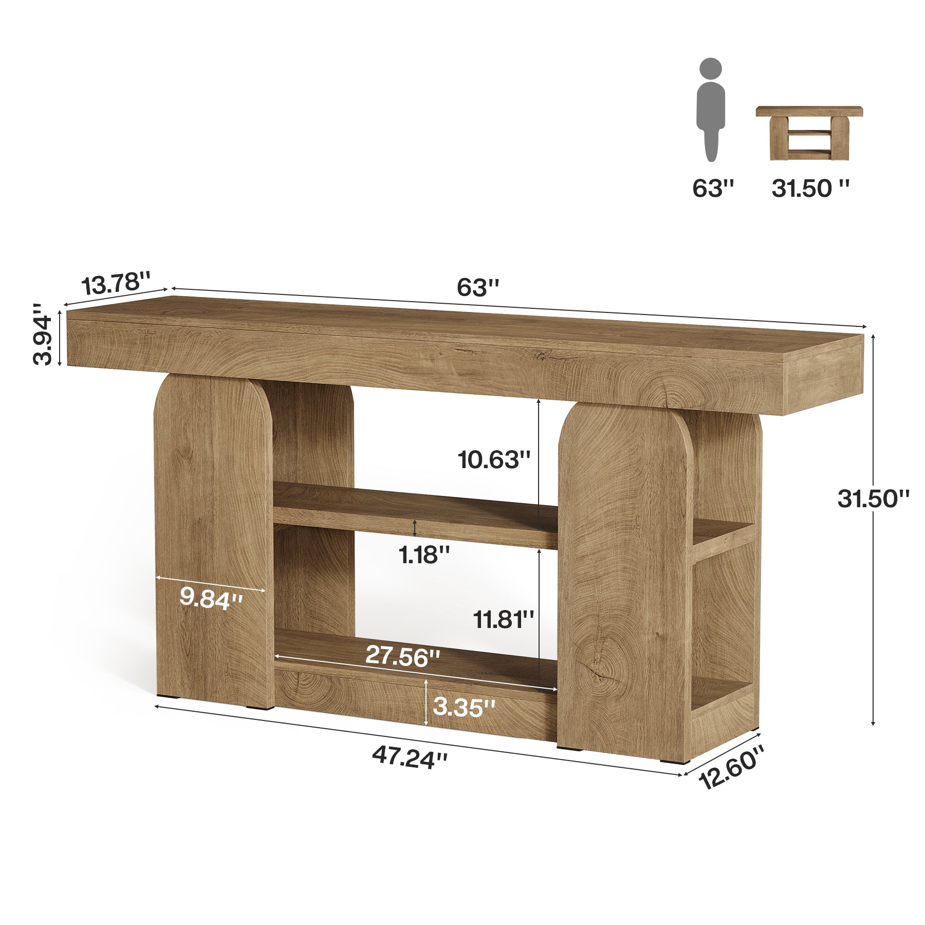 63" Farmhouse Console Table with Storage Shelves, 3-Tier Narrow Entryway Sofa Table for Hallway & Living Room