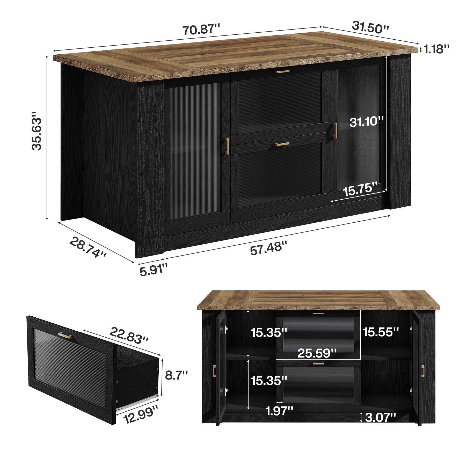 71" Kitchen Island with Seating, 2 Drawers & Storage Cabinets, Counter Height