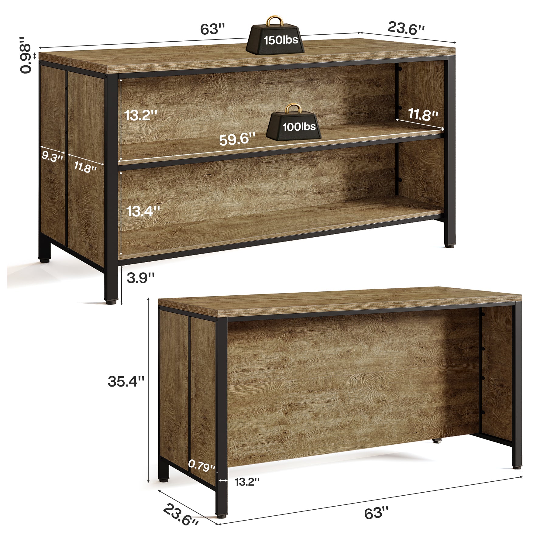 63" Kitchen Island with Storage, Large Coffee Bar Cabinet with Metal Frame