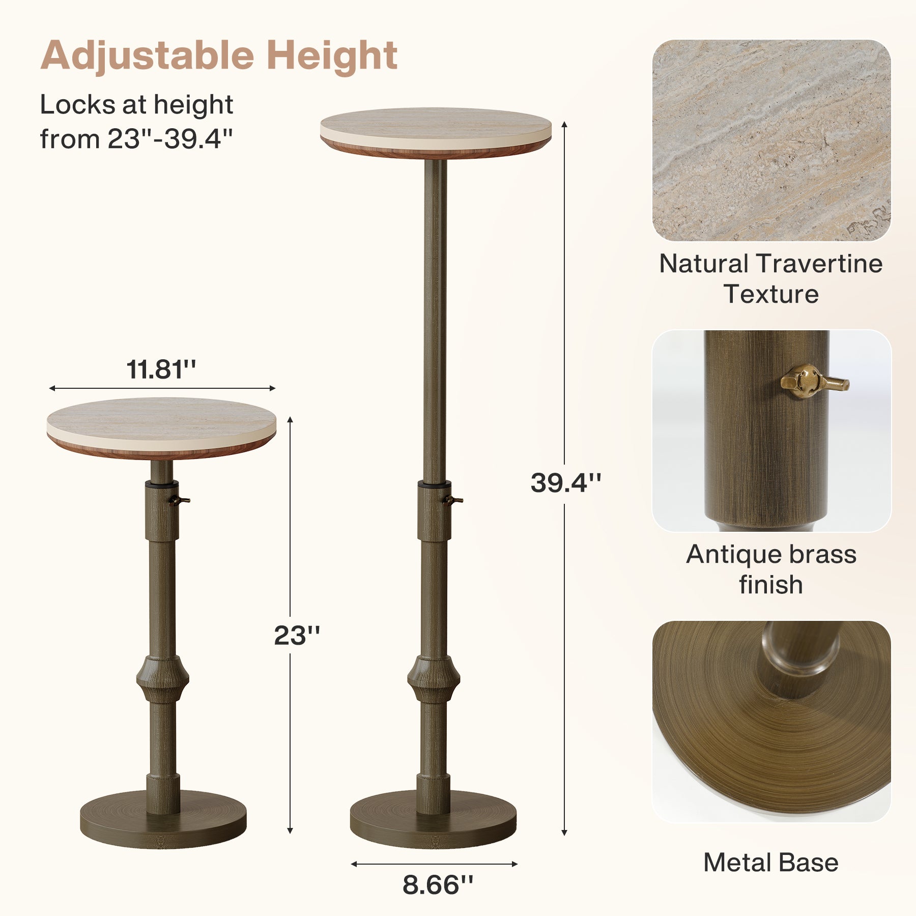 Adjustable-Height End Table with Travertine Top and Antique Brass Stand Base