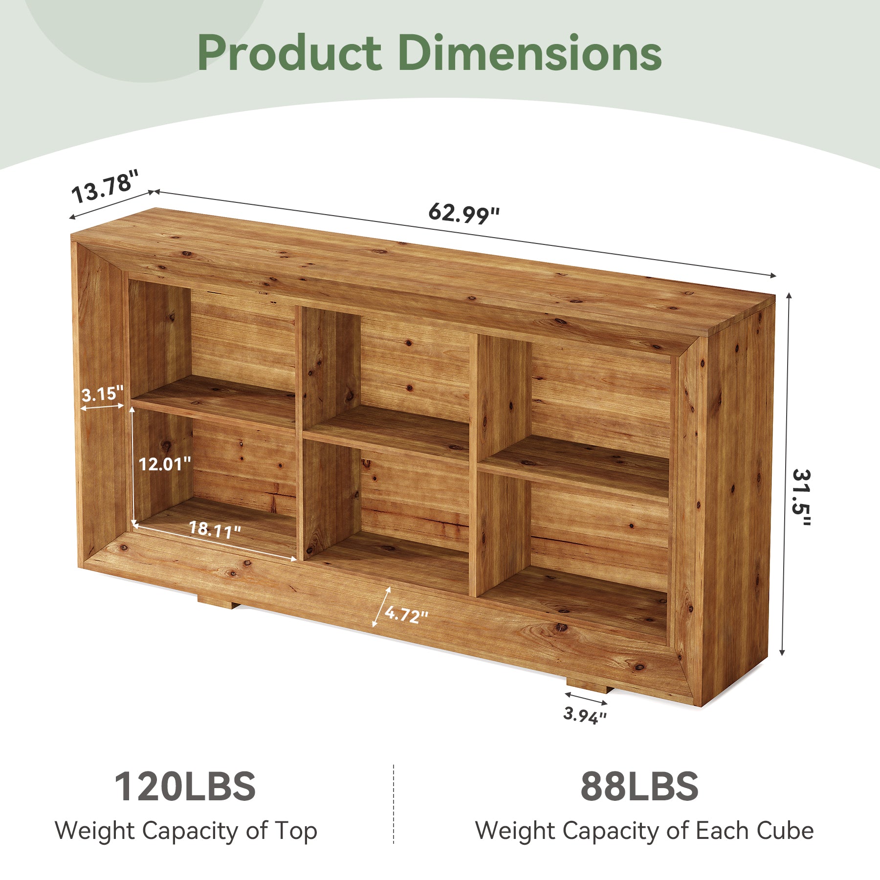 63" Solid Wood Console Table, Farmhouse Entryway Table with 6 Storage Cubes