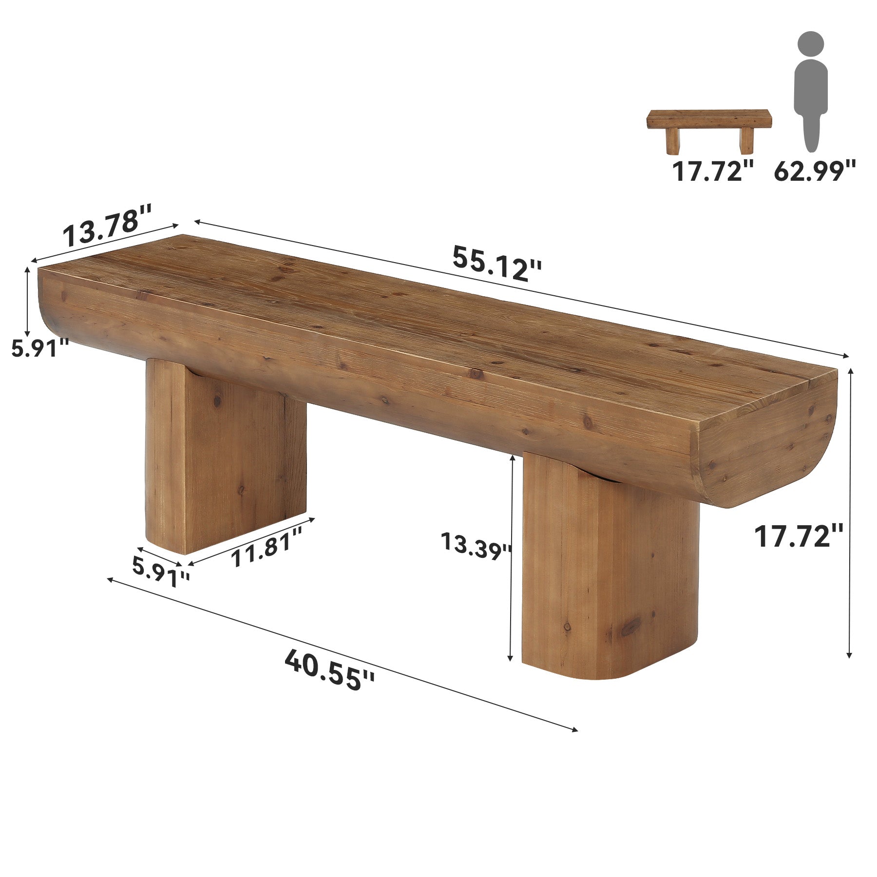 55" Solid Wood Entryway Bench, Farmhouse End of Bed Bench for Living Room