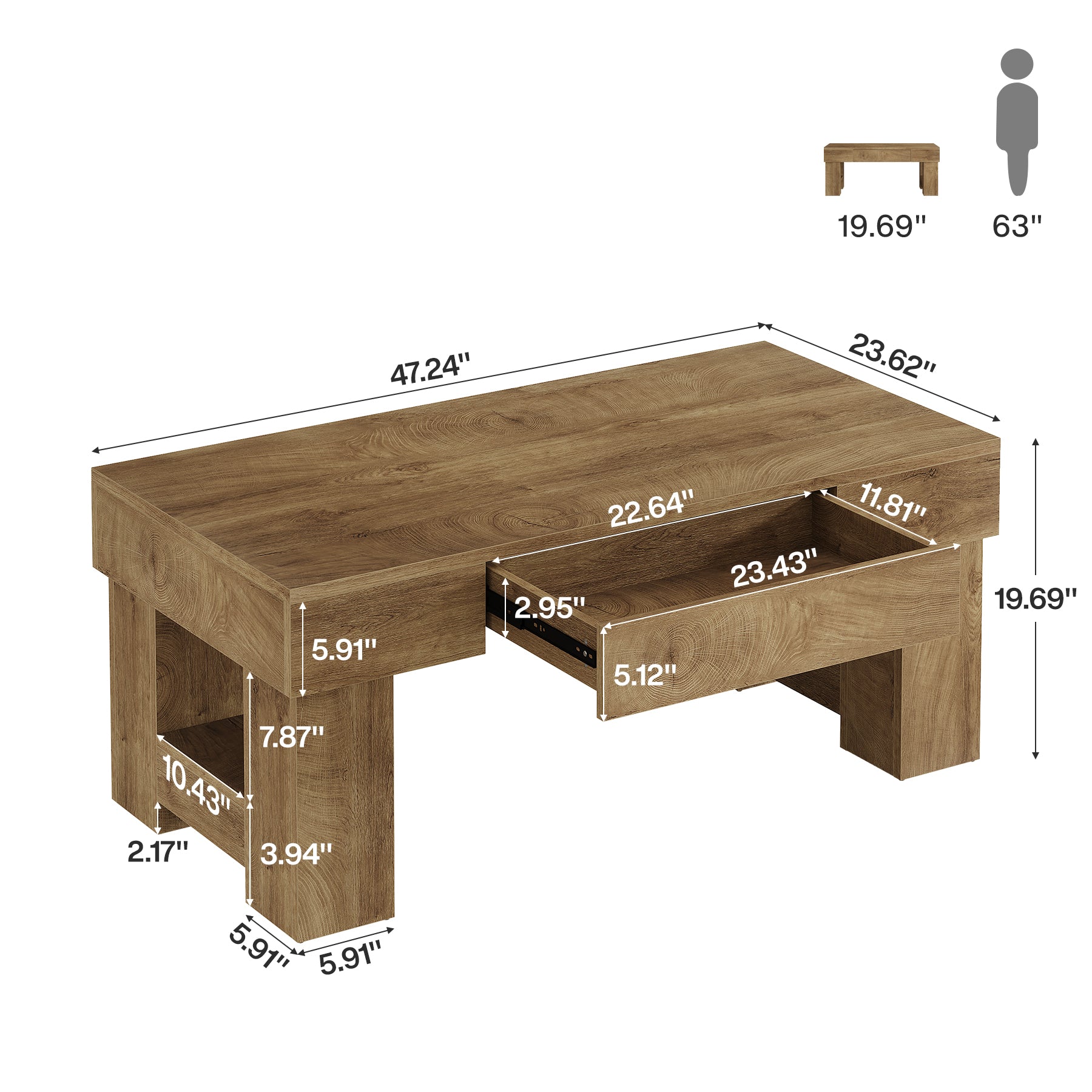 Coffee Table with Storage Drawer, 47" Farmhouse Center Cocktail Table