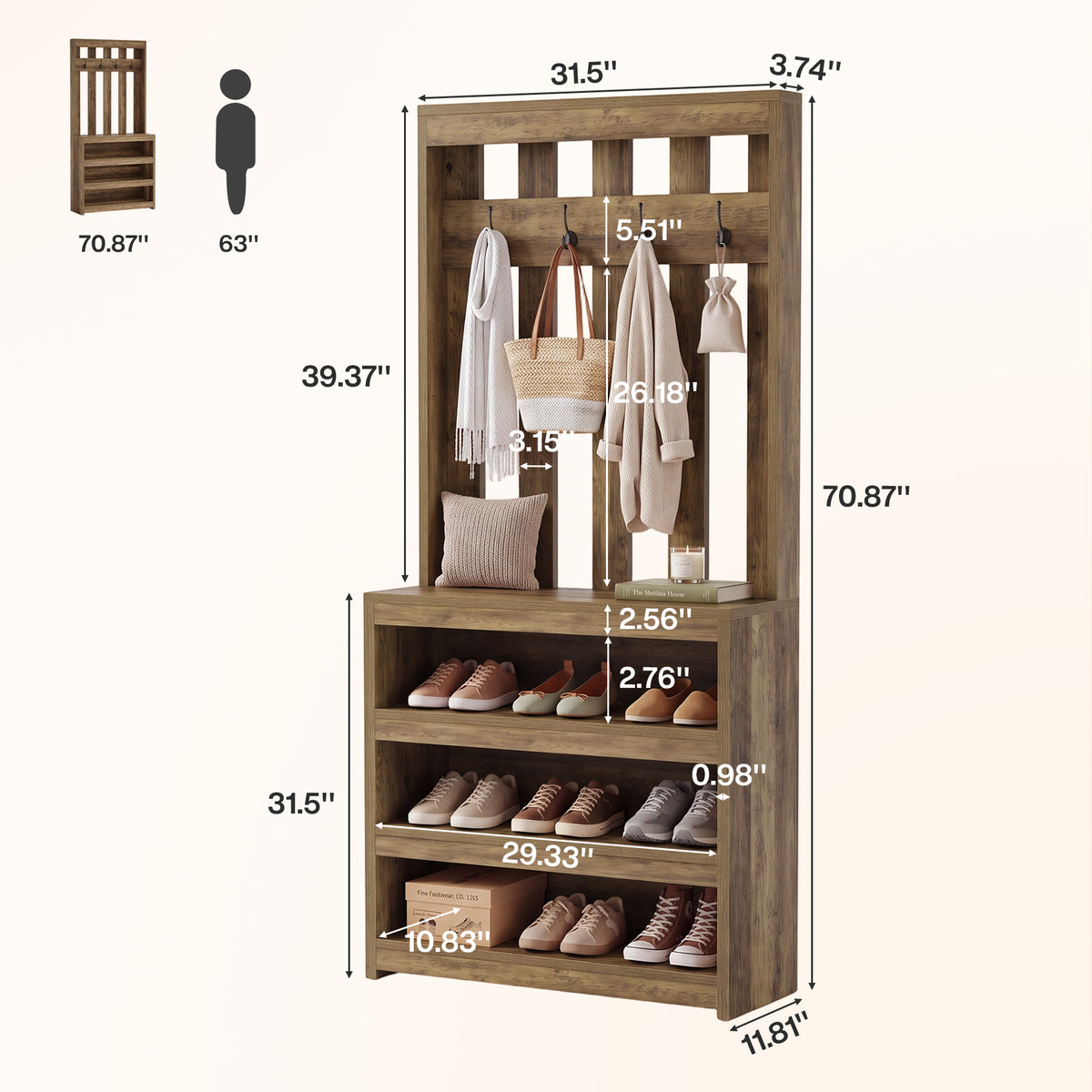 71" Room Divider with Shelves, Farmhouse Wall Partition With 4 Hook for Living Room, Foyer