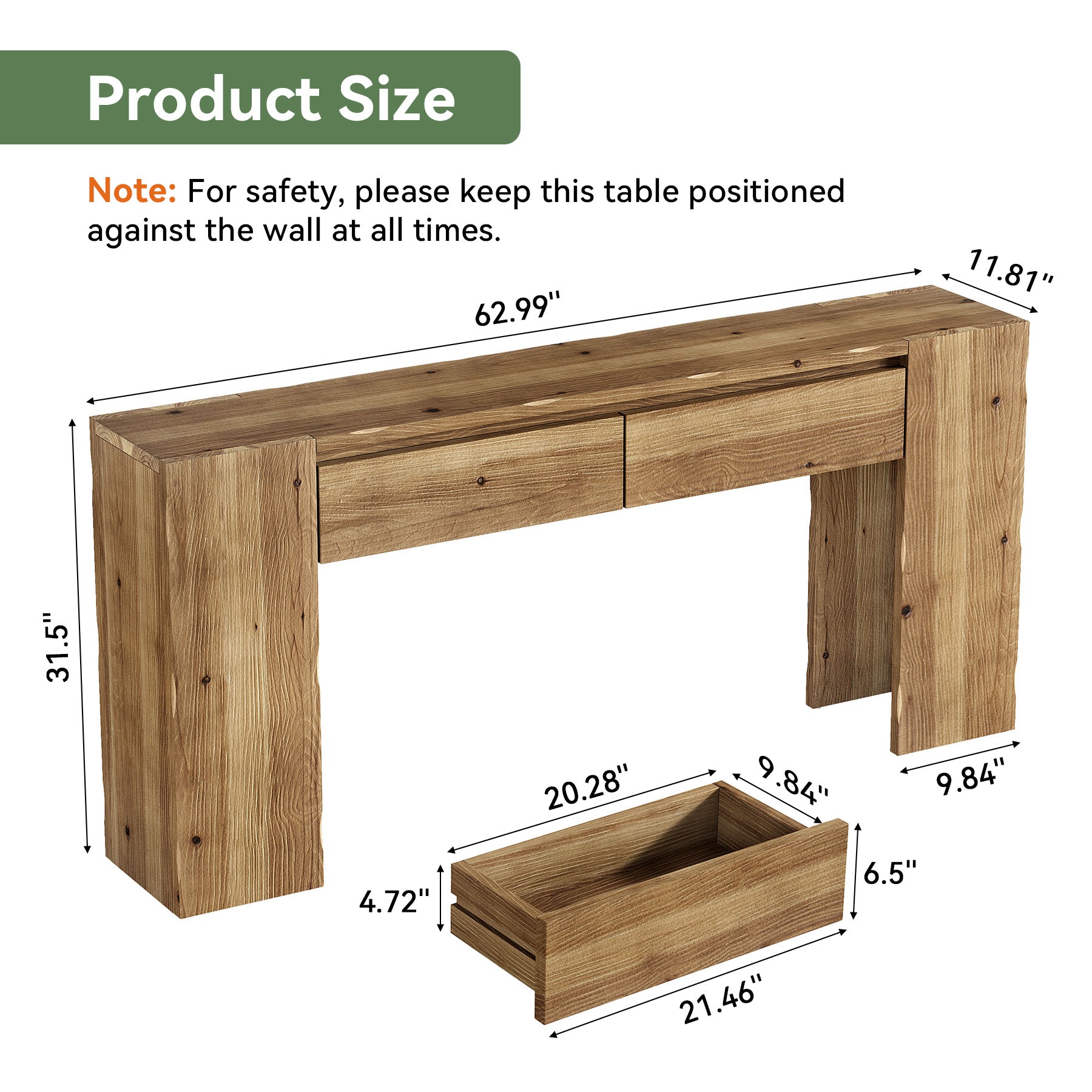 63" Solid Wood Console Table with Drawers, Narrow Entryway Sofa Table for Hallway & Living Room