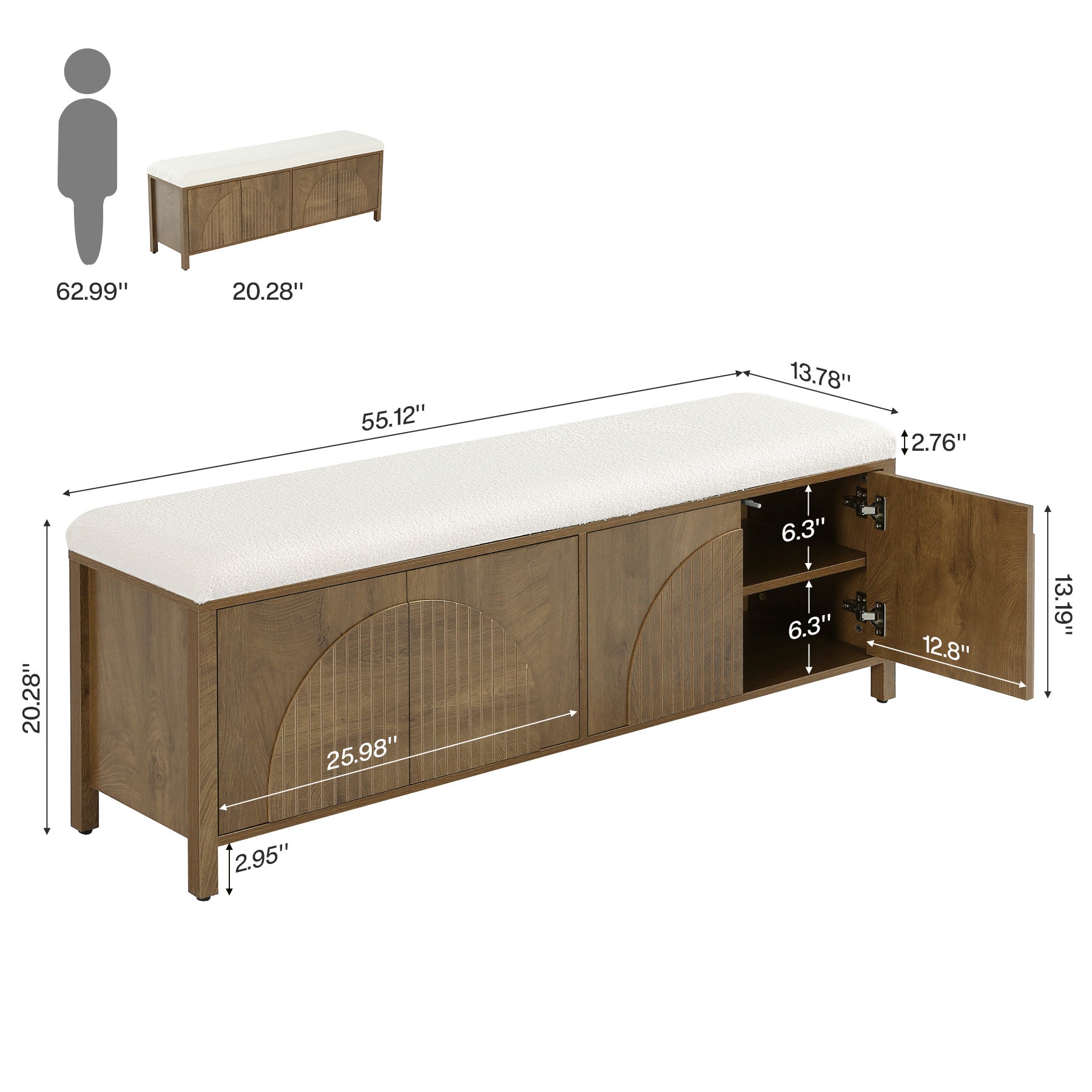 55" Entryway Bench, 2-Tier Shoe Storage Bench with Thickened Padded Seat Cushion