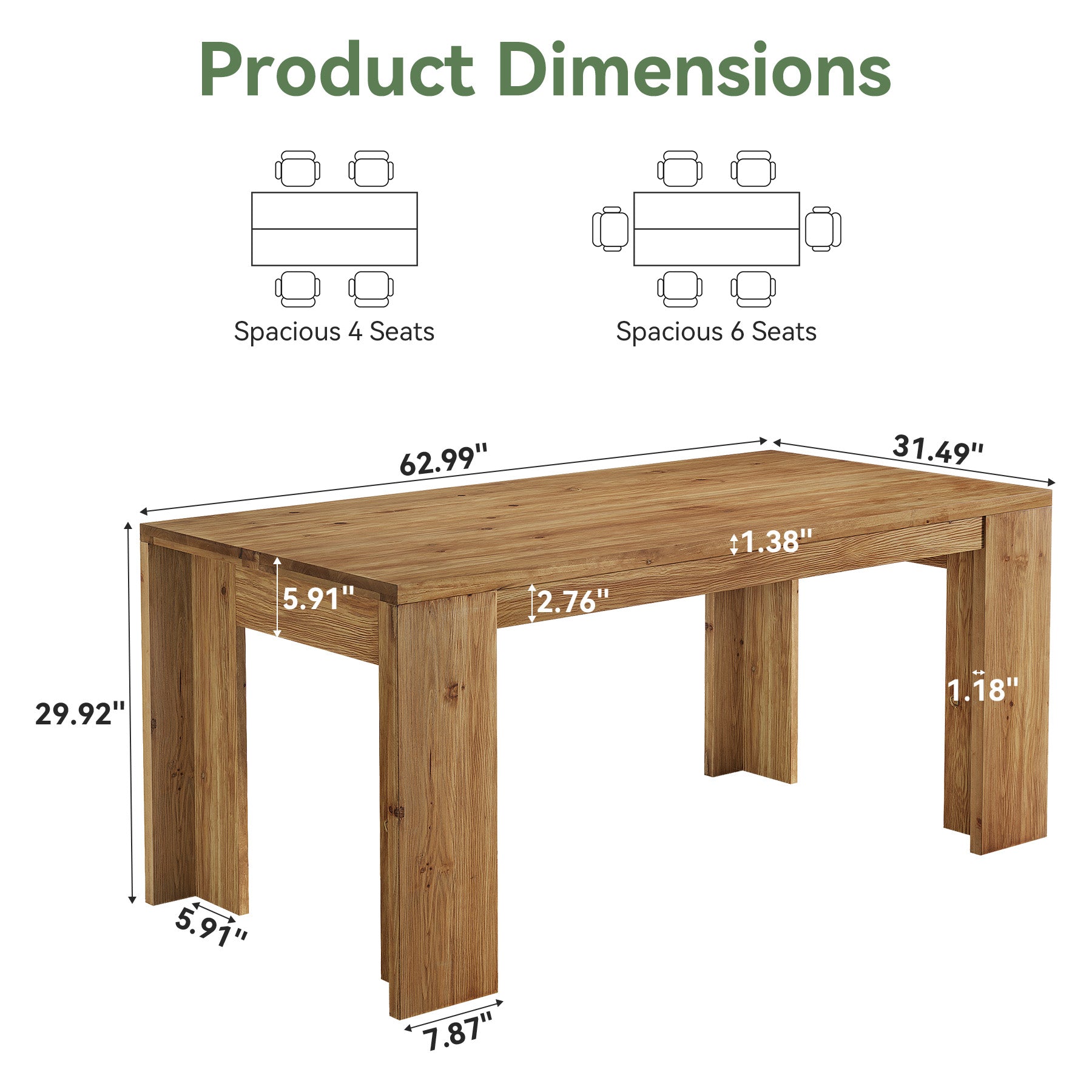 Tribesigns 63" Solid Wood Dining Table, Farmhouse Kitchen Table for Home