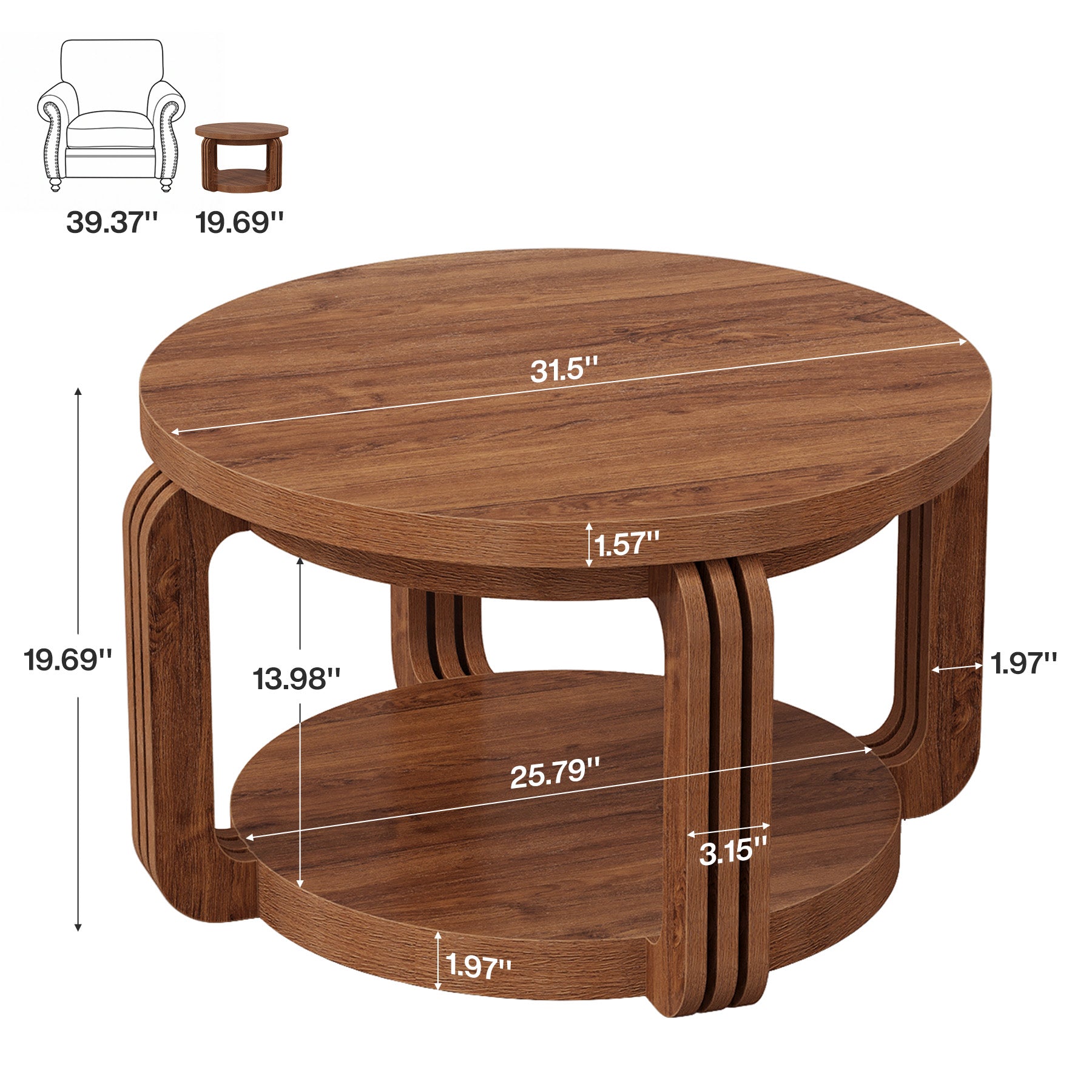 31.5-Inch Round Coffee Table with 2-Tier Storage, Arch Design Center Table for Living Room