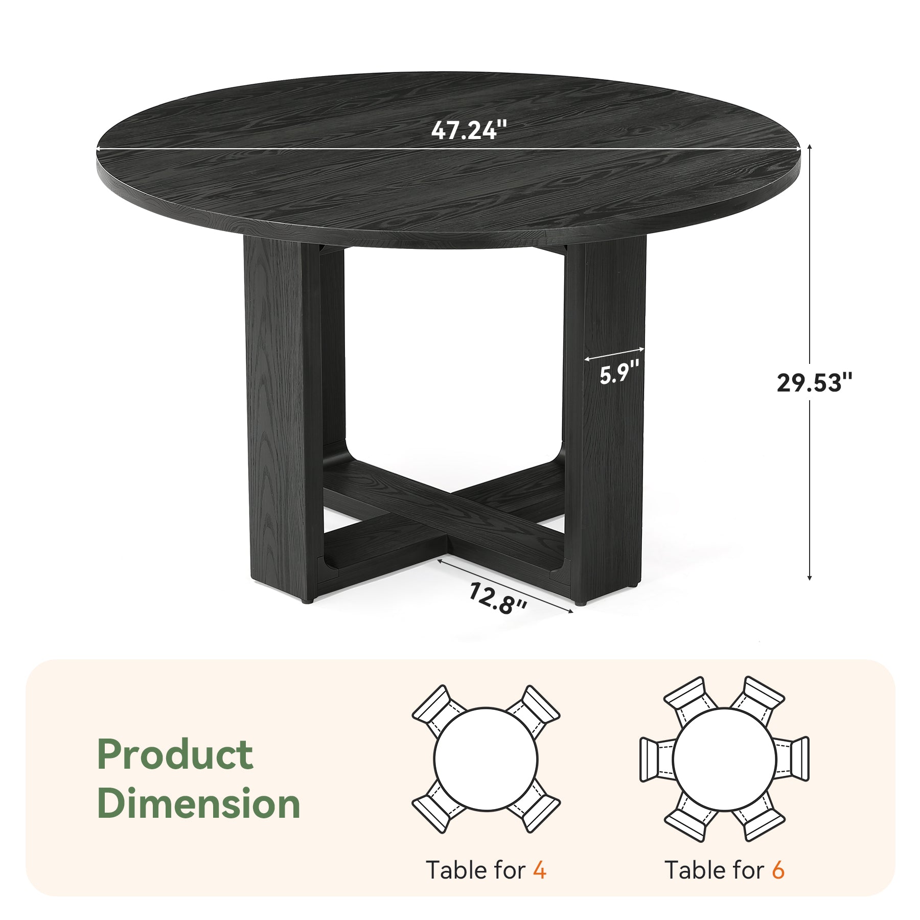 47.24" Black Solid Wood Conference Table, Round Meeting Table for 4–6 People with Cross-Shaped Base