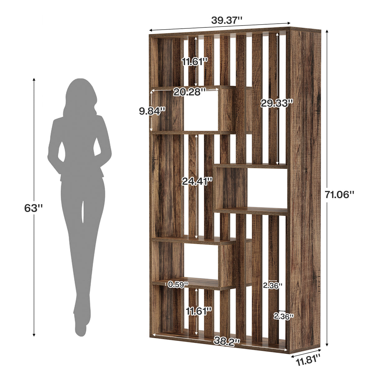 71" Wall Room Divider with Built-in Shelves for Room Separation, Freestanding Slatted Partition