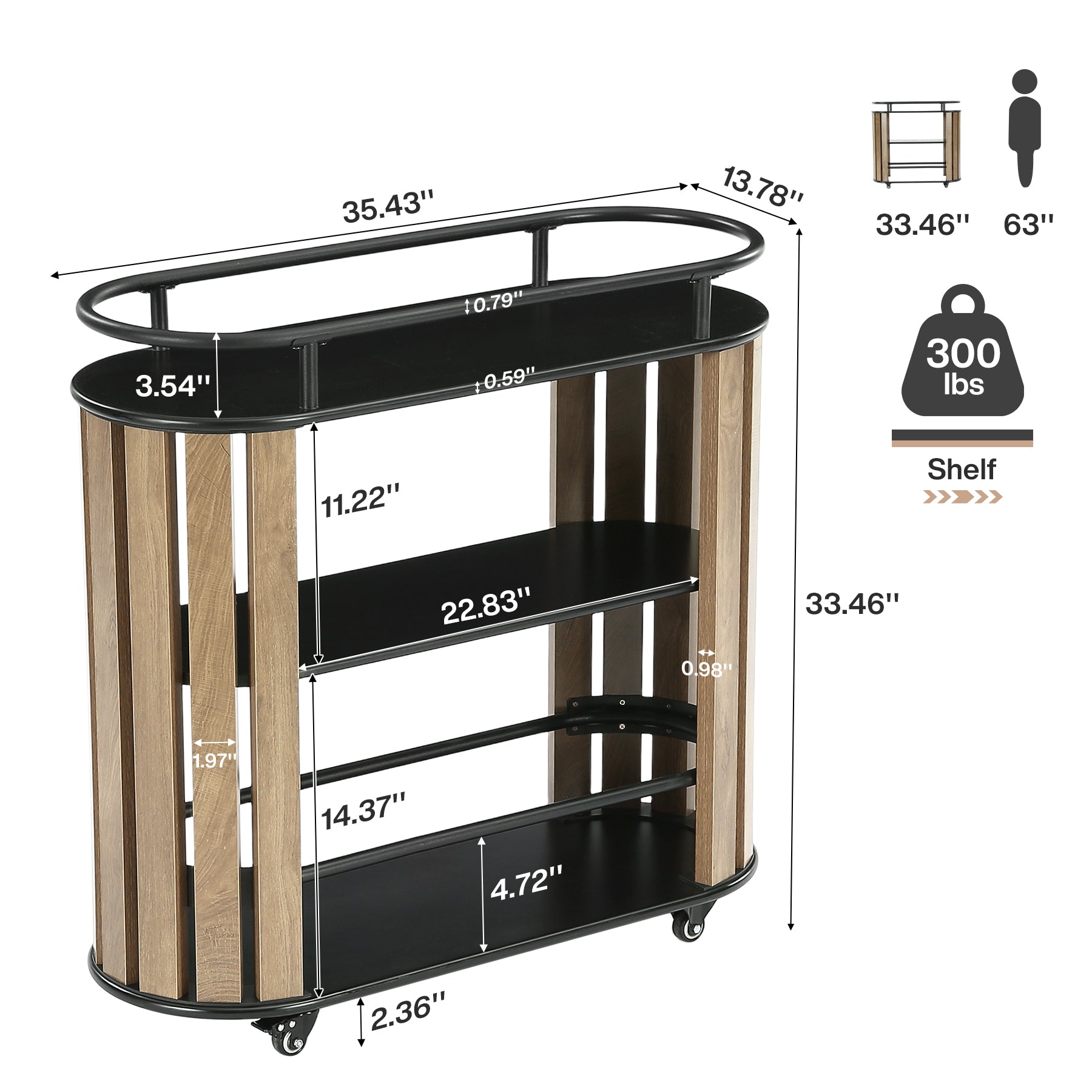Tribesigns 35.43-Inch 3-Tier Bar Cart with Wheels and Metal Frame, Industrial Rolling Serving Cart for Kitchen