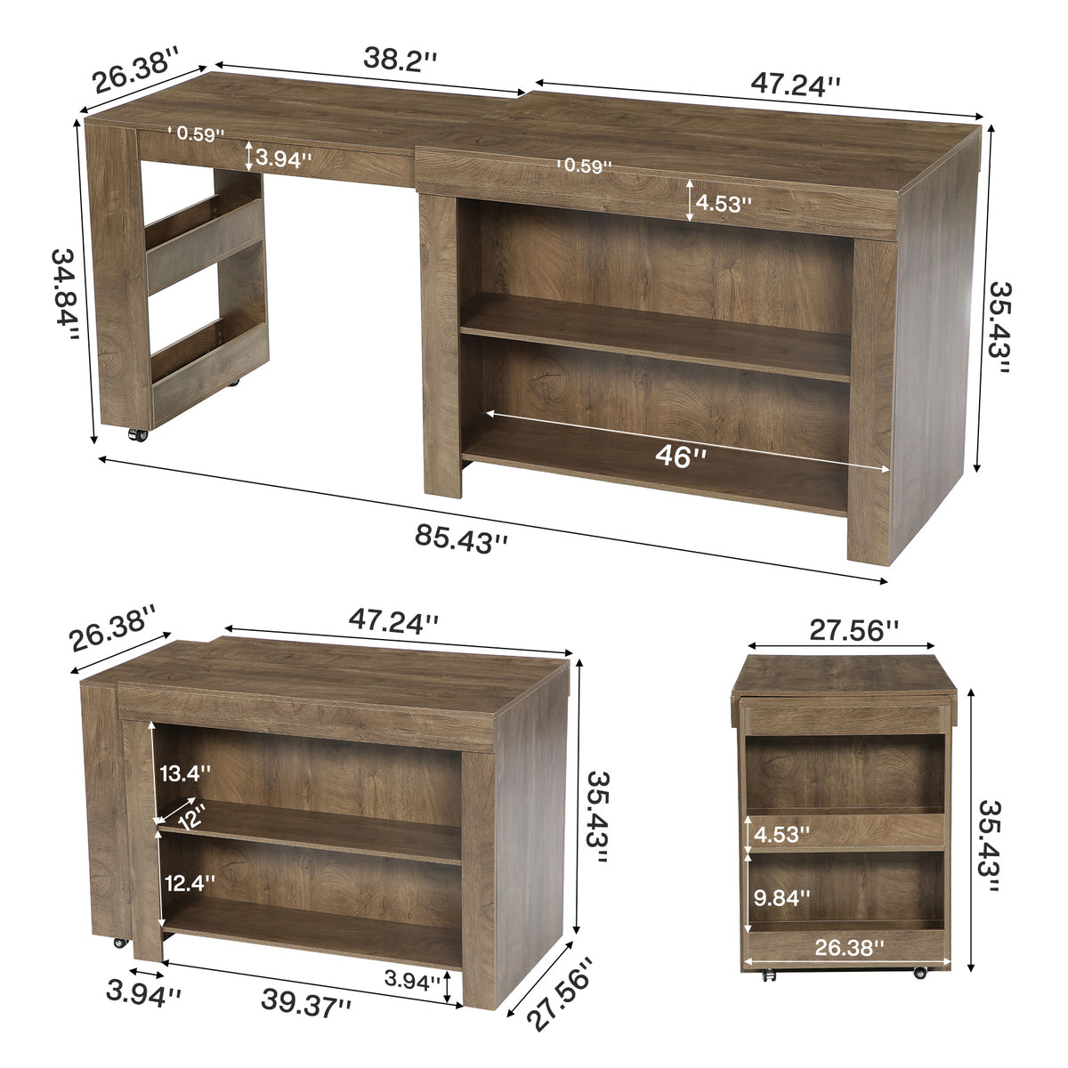 47-85" Extendable Kitchen Island for 2-4, Stationary Storage Island with Open Shelves