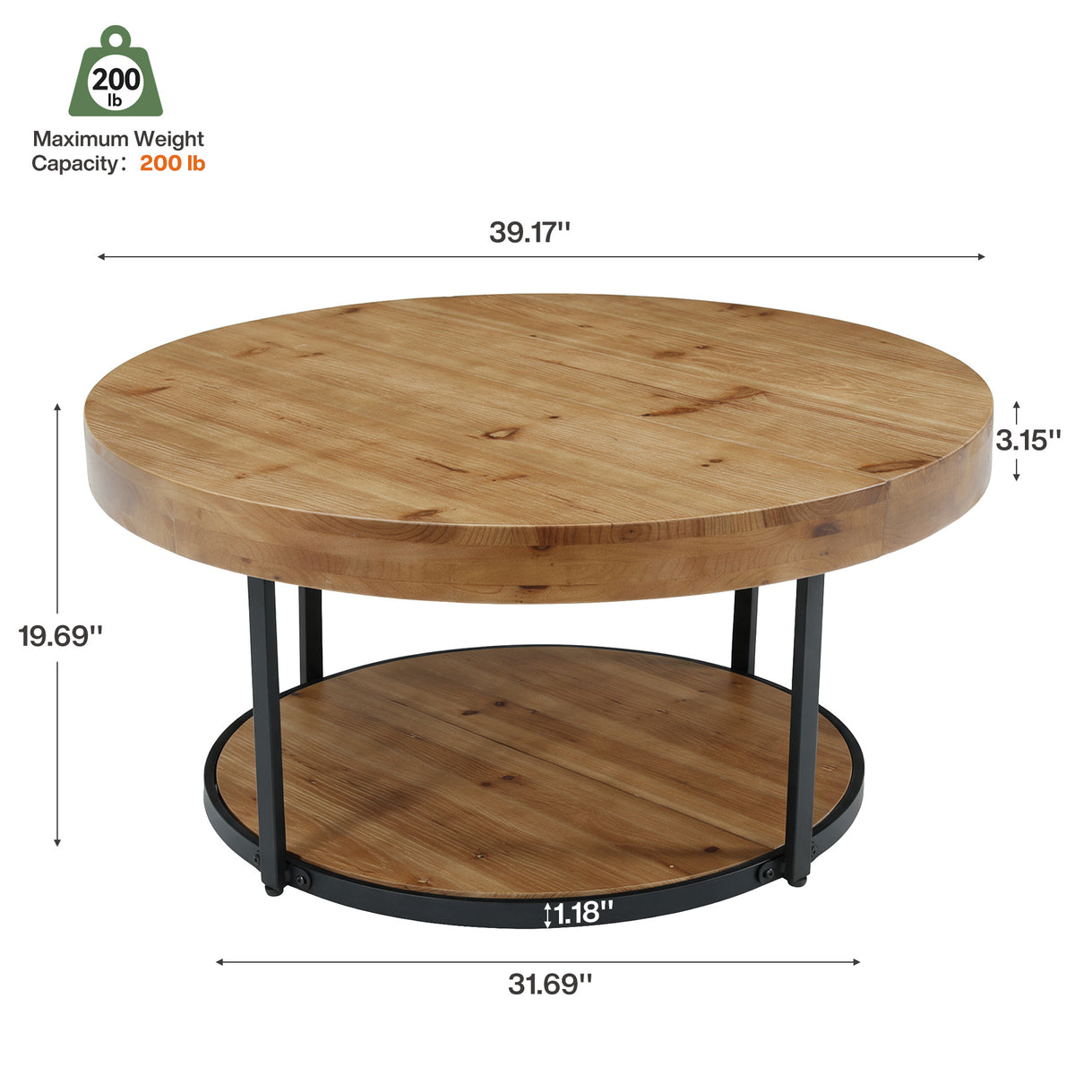 39.17" Solid Wood Round Coffee Table, 2-Tier Center Table with Metal Frame