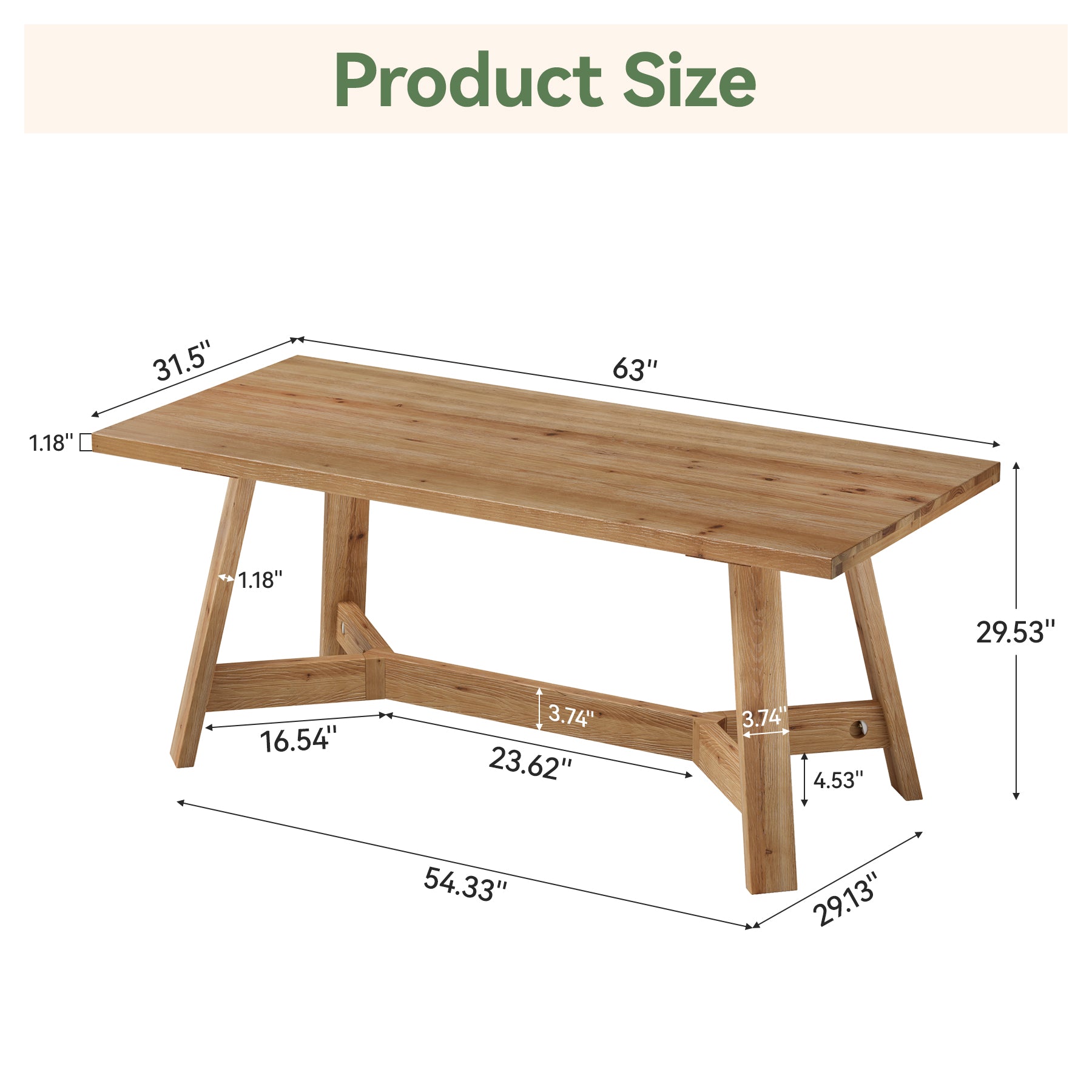 63" Solid Wood Computer Desk, Rectangular Executive Desk Study Table for Home Office