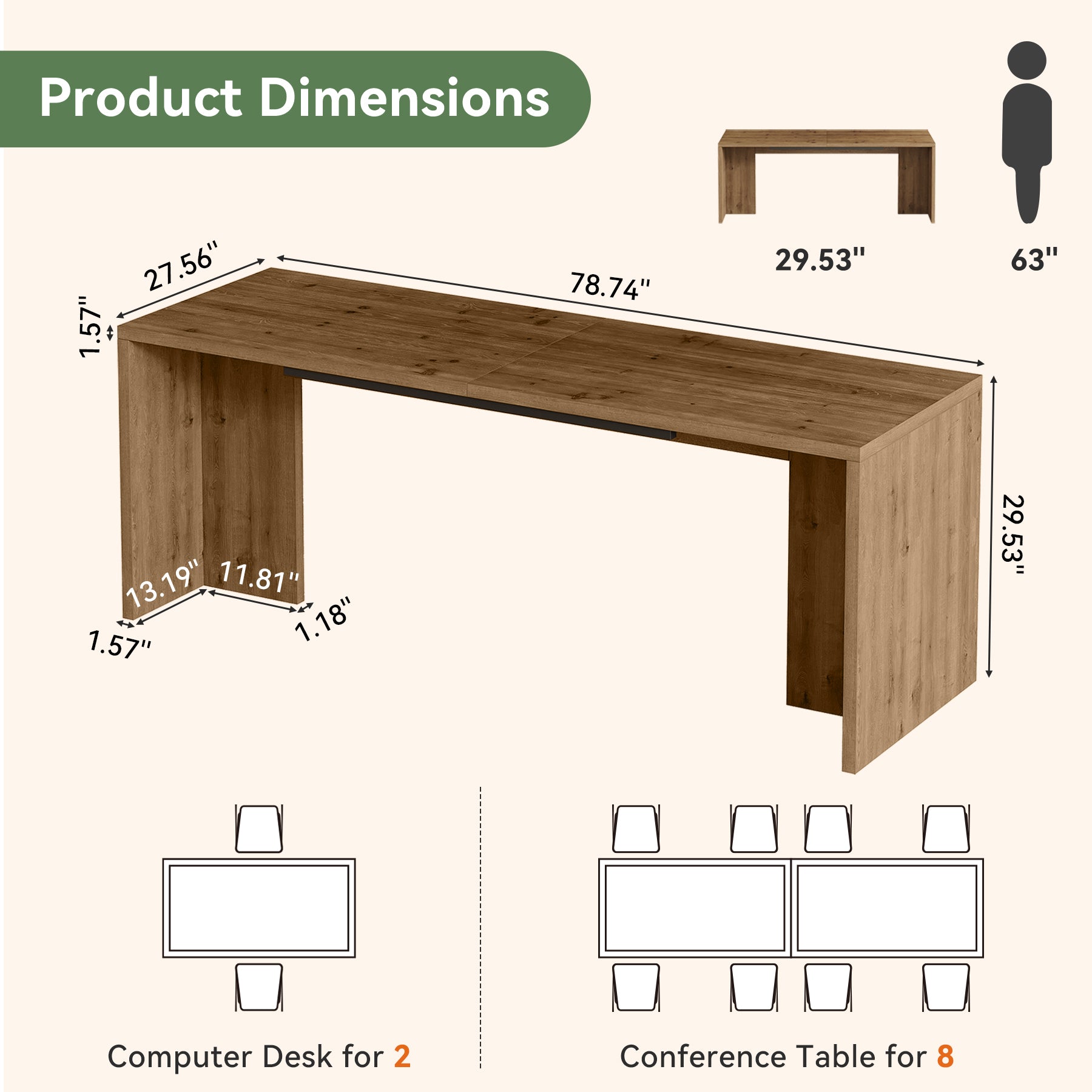 78" Solid Wood Computer Desk for 2 People, Double Desk with Large Tabletop for Home Office