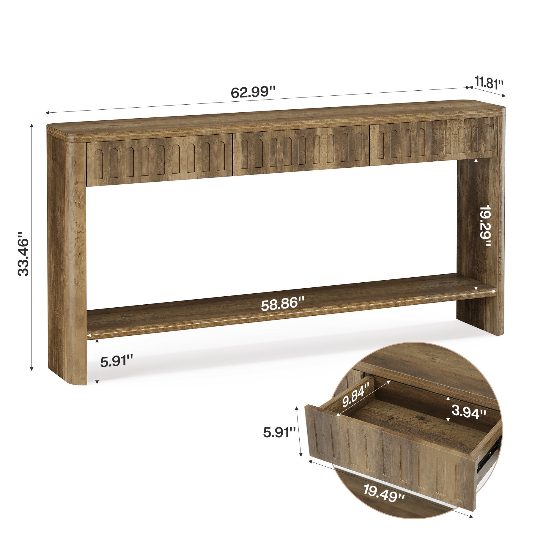 63" Rustic Fluted Console Table, Wood Entryway Table  with 3 Drawers for Living Room