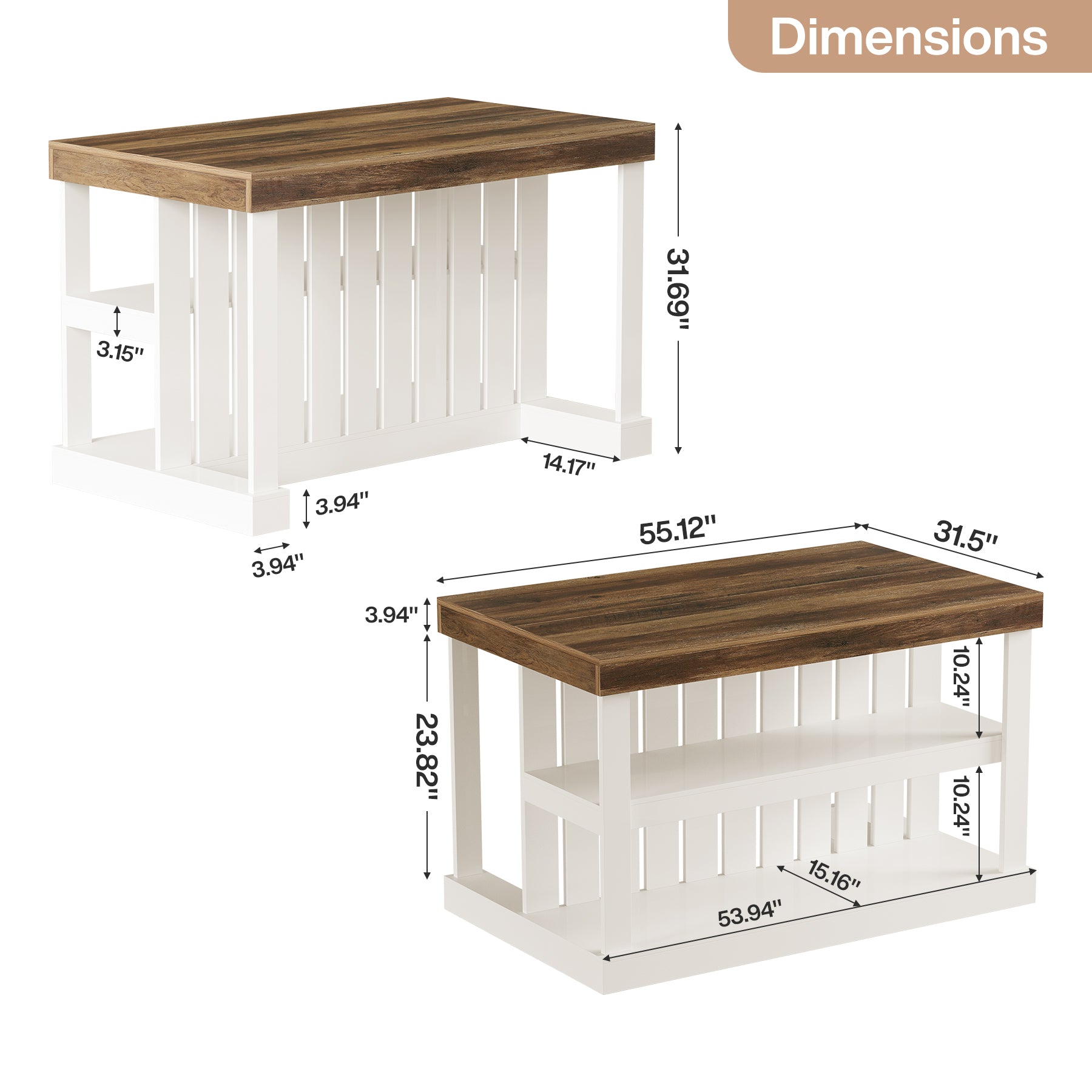 55-Inch Kitchen Island with Storage, Farmhouse Freestanding Island Table