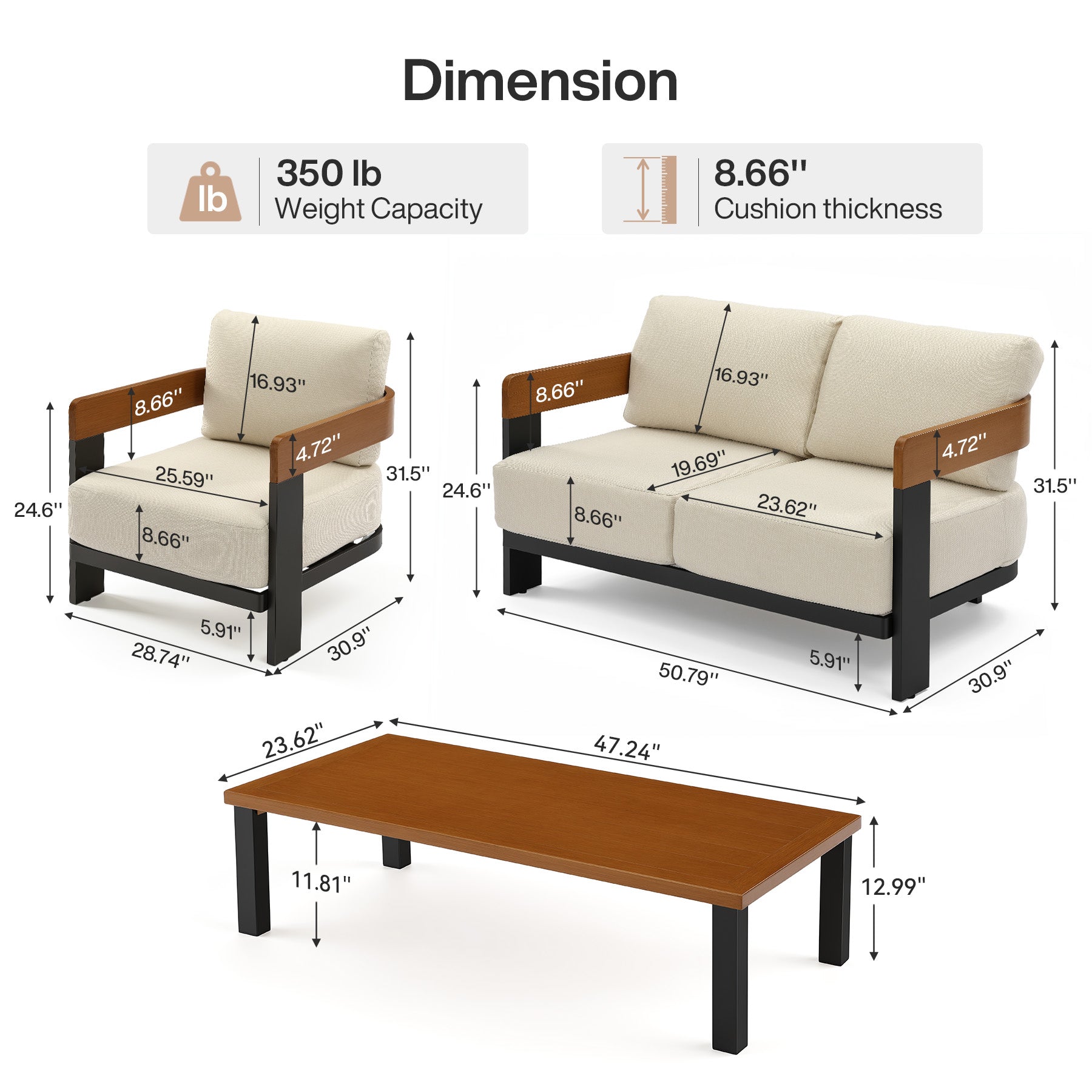 4-Piece Patio Conversation Set, 4 Seats Outdoor Sectional with Coffee Table