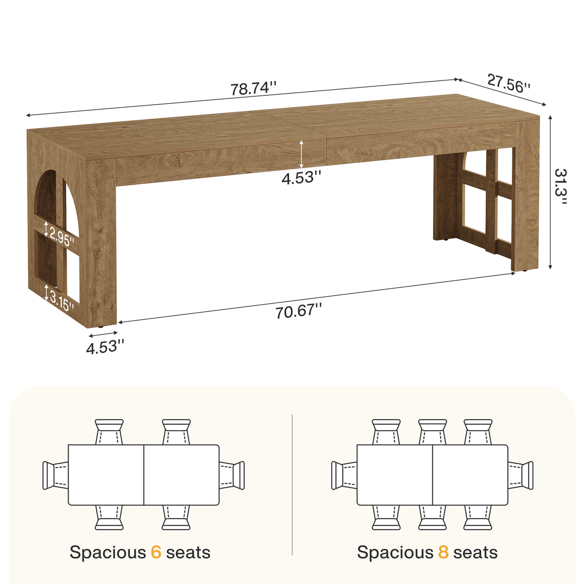 79" Farmhouse Dining Table for 6-8, Rectangular Kitchen Table for Dining Room