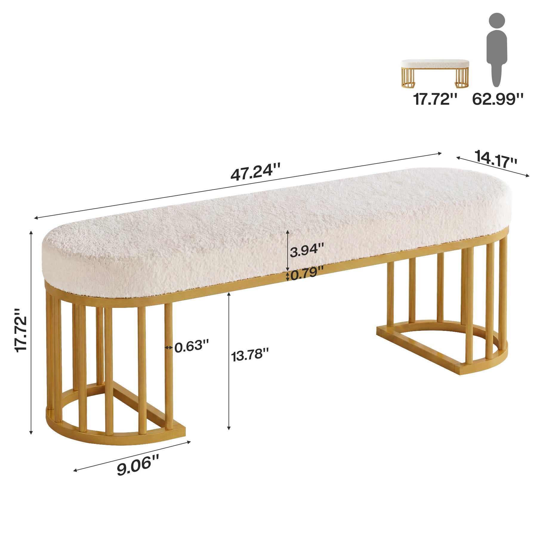 47.24" Upholstered Shoe Bench, Modern Entryway Bench with Sherpa Fabric Seat and Metal Frame