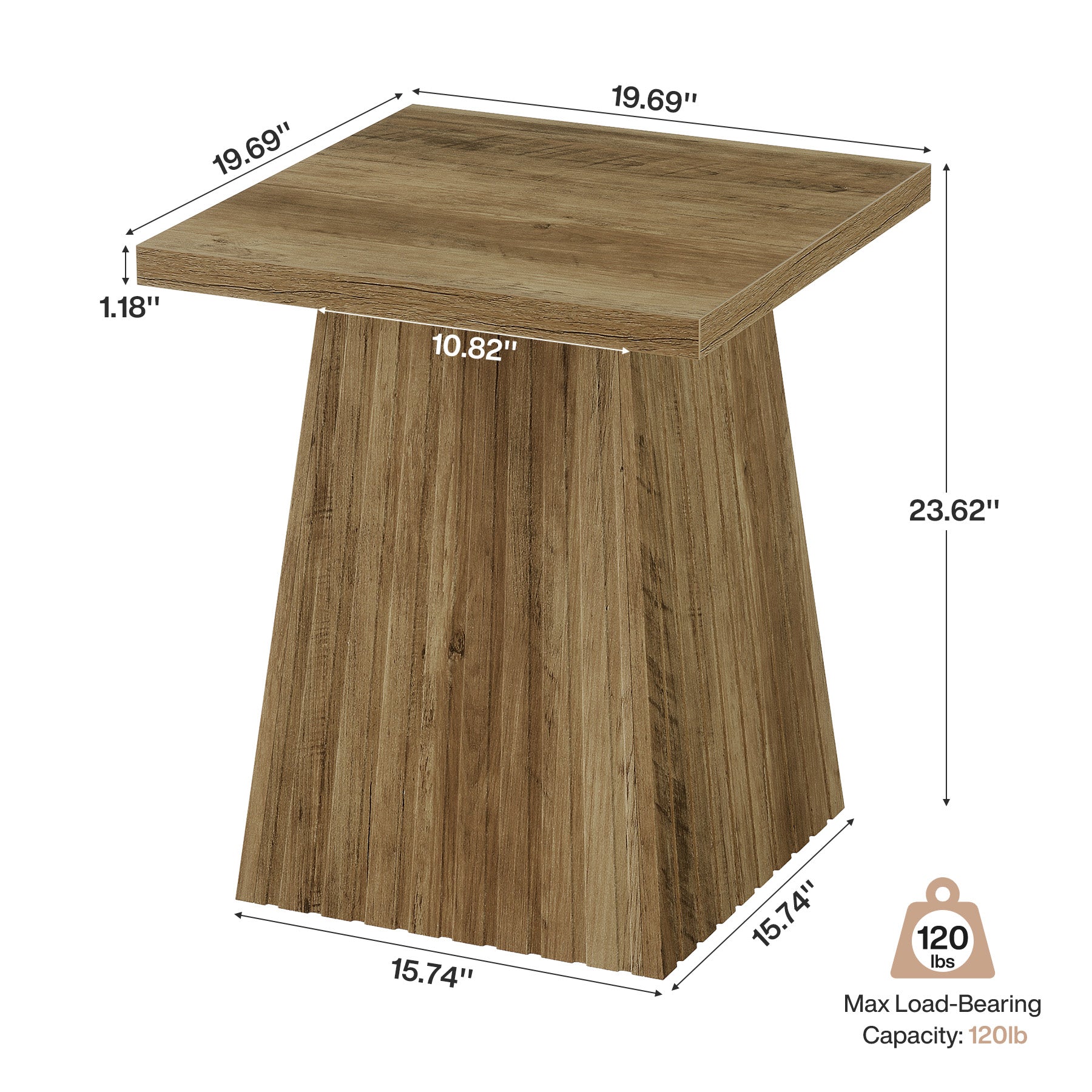 19.7" Square End Table, Modern Rustic Side Table with Fluted Base for Small Space